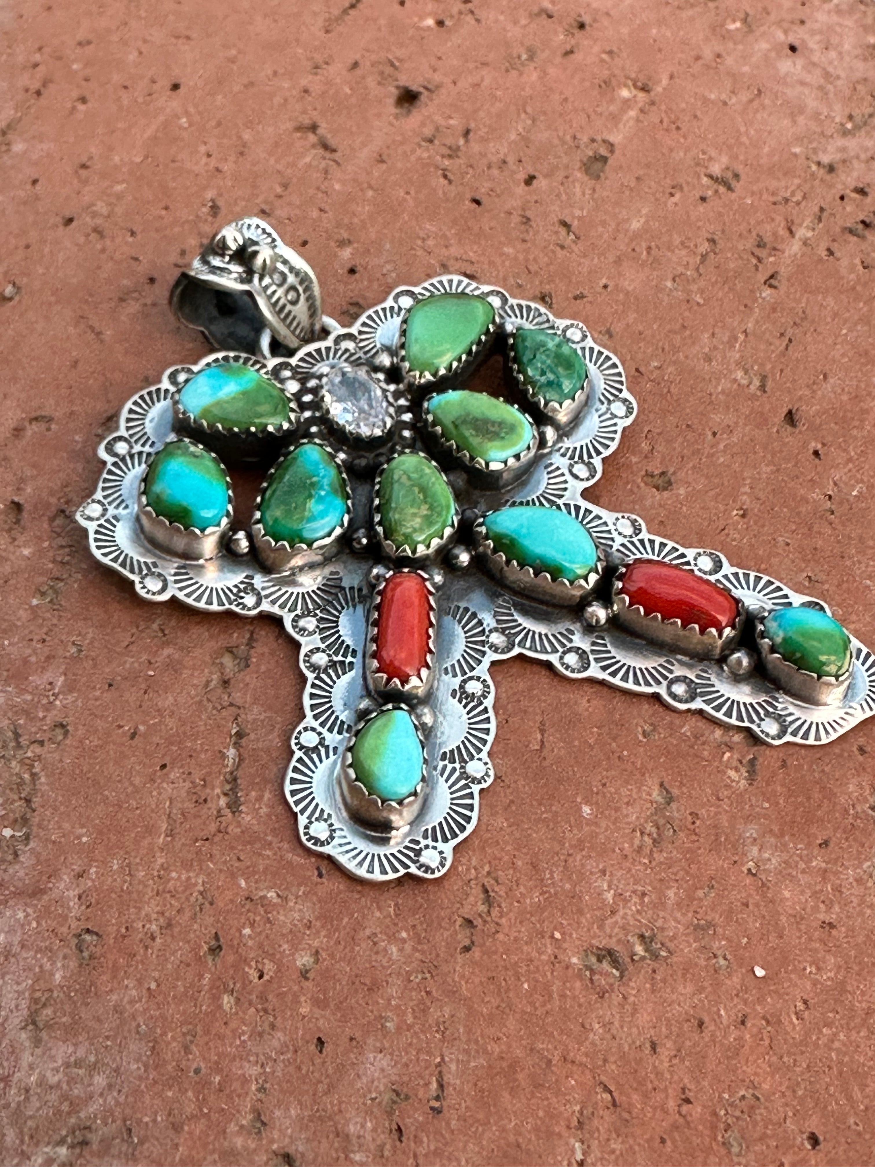 Handmade Sterling Silver, Coral & Sonoran Turquoise Christmas Bow Pendant