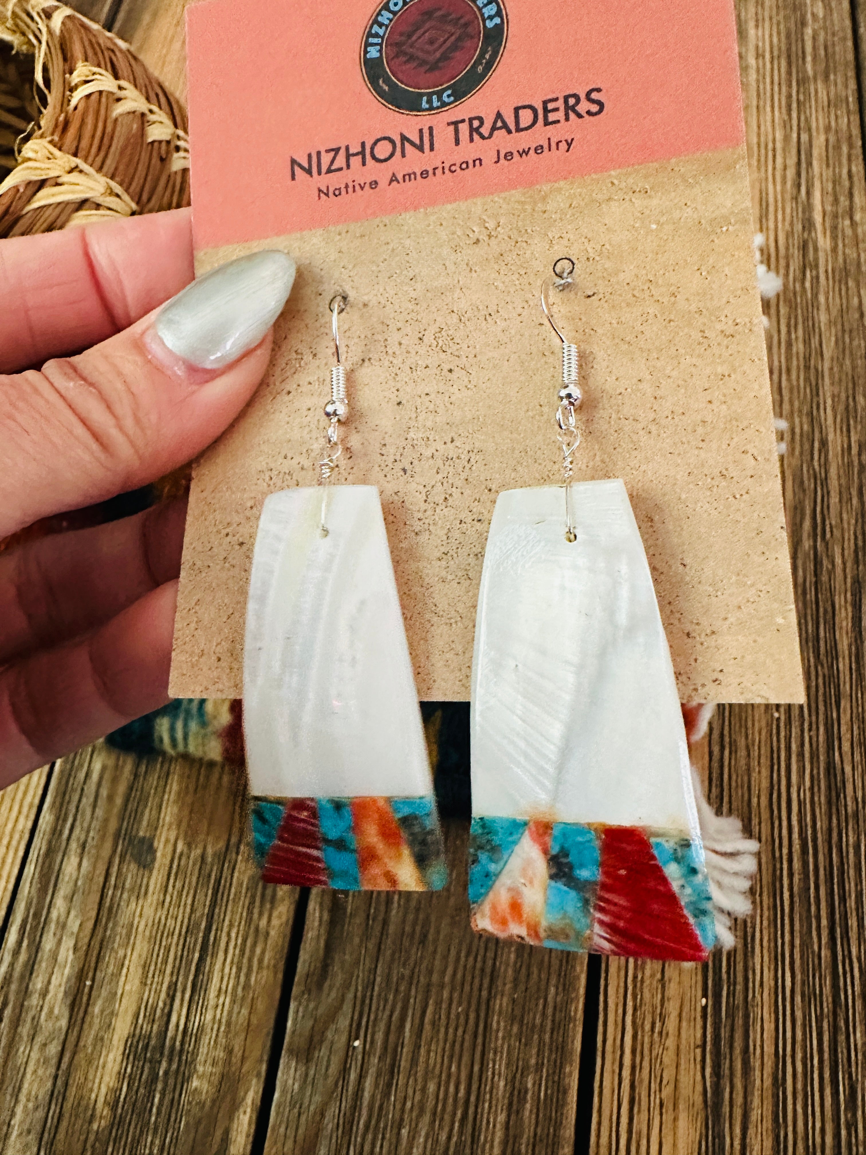 Handcrafted Mother of Pearl, Spiny Oyster, Turquoise Slab Dangle Earrings
