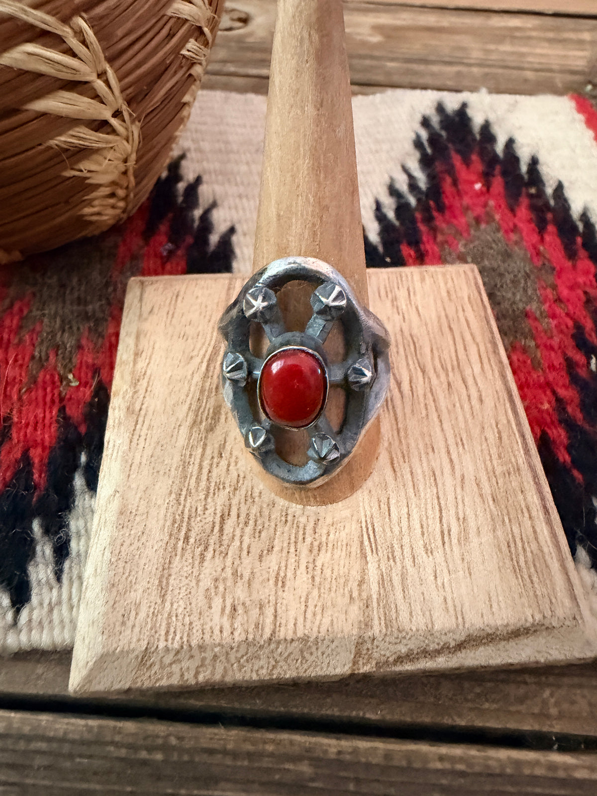 Handcrafted Coral and Sterling Silver Ring size 11 by Chimney Butte