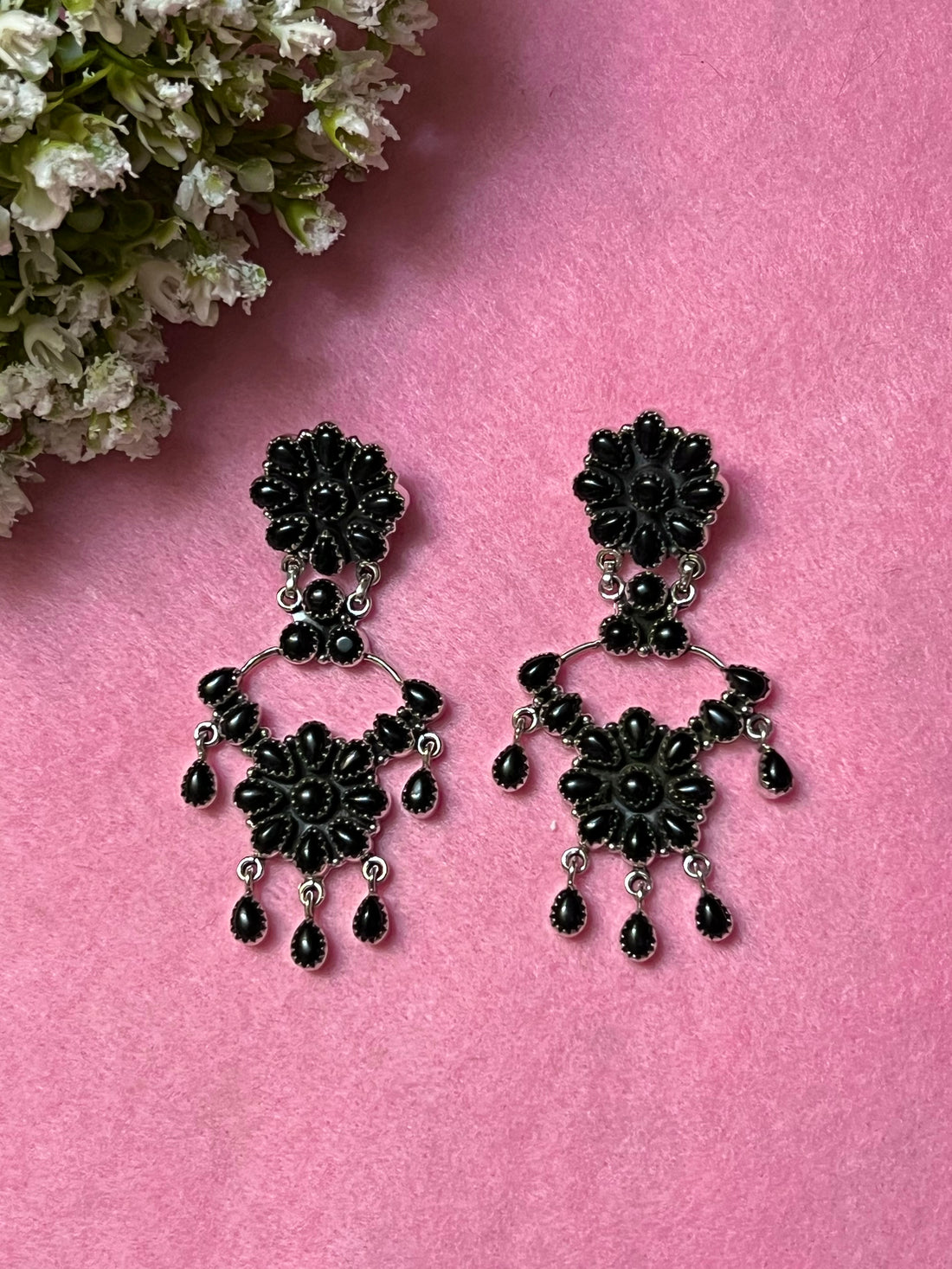Handmade Sterling Silver & Black Onyx Cluster Chandelier Dangle Earrings