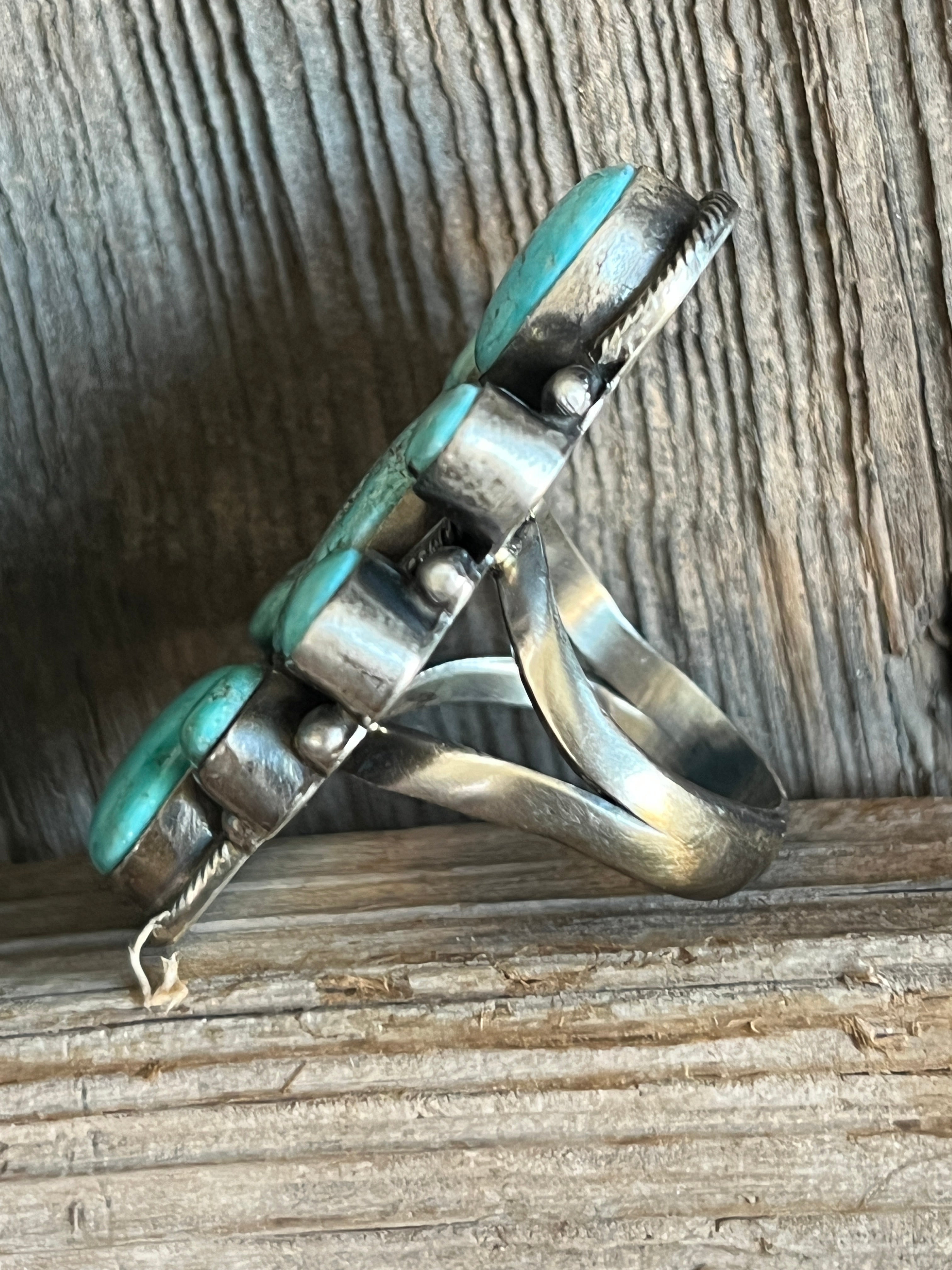 Handcrafted Sterling Silver and Natural Campitos Turquoise Cluster Ring by Sheila Becenti, Size 8.75