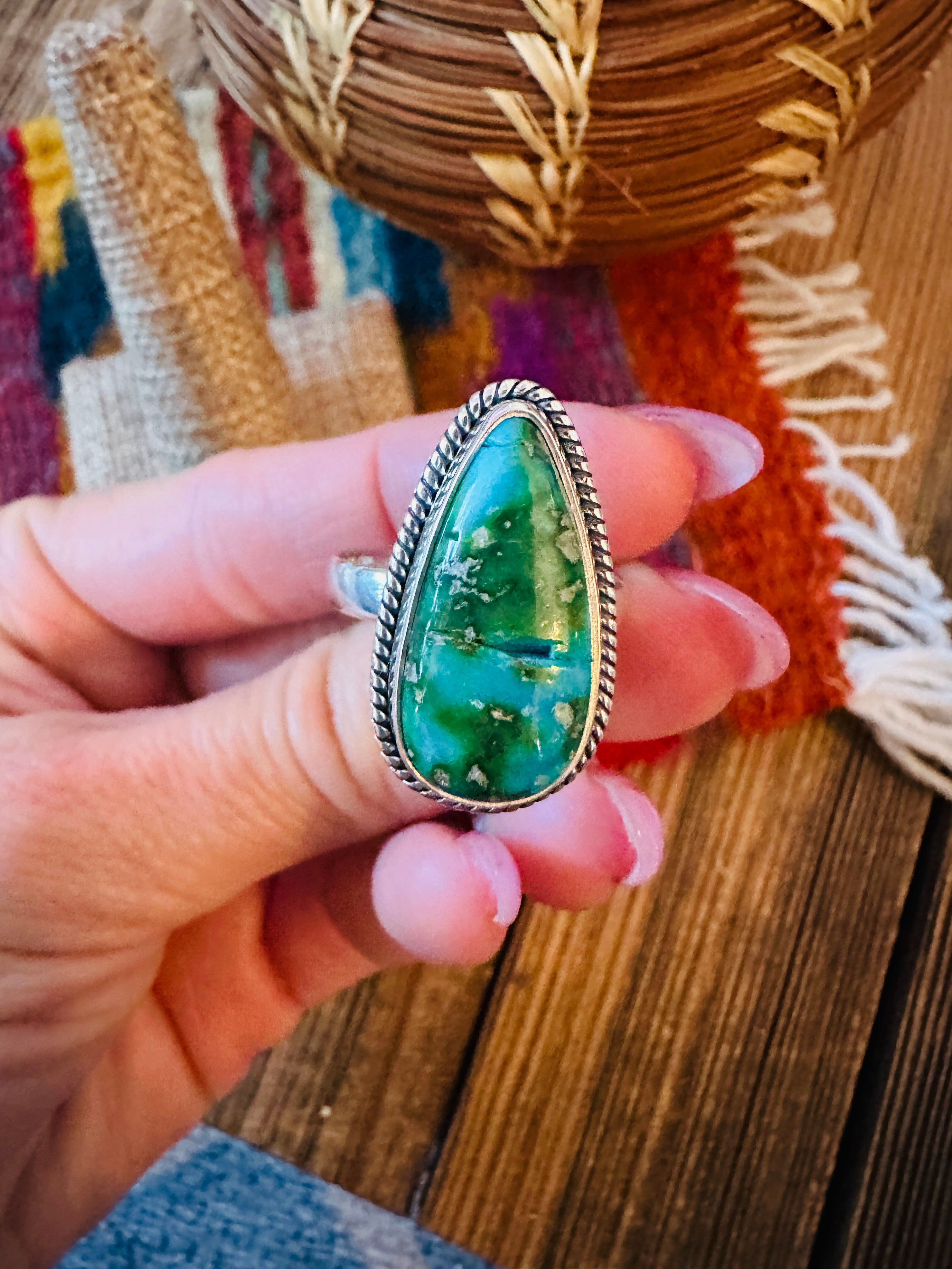 Handcrafted Sonoran Mountain Turquoise & Sterling Silver Ring size 8.75