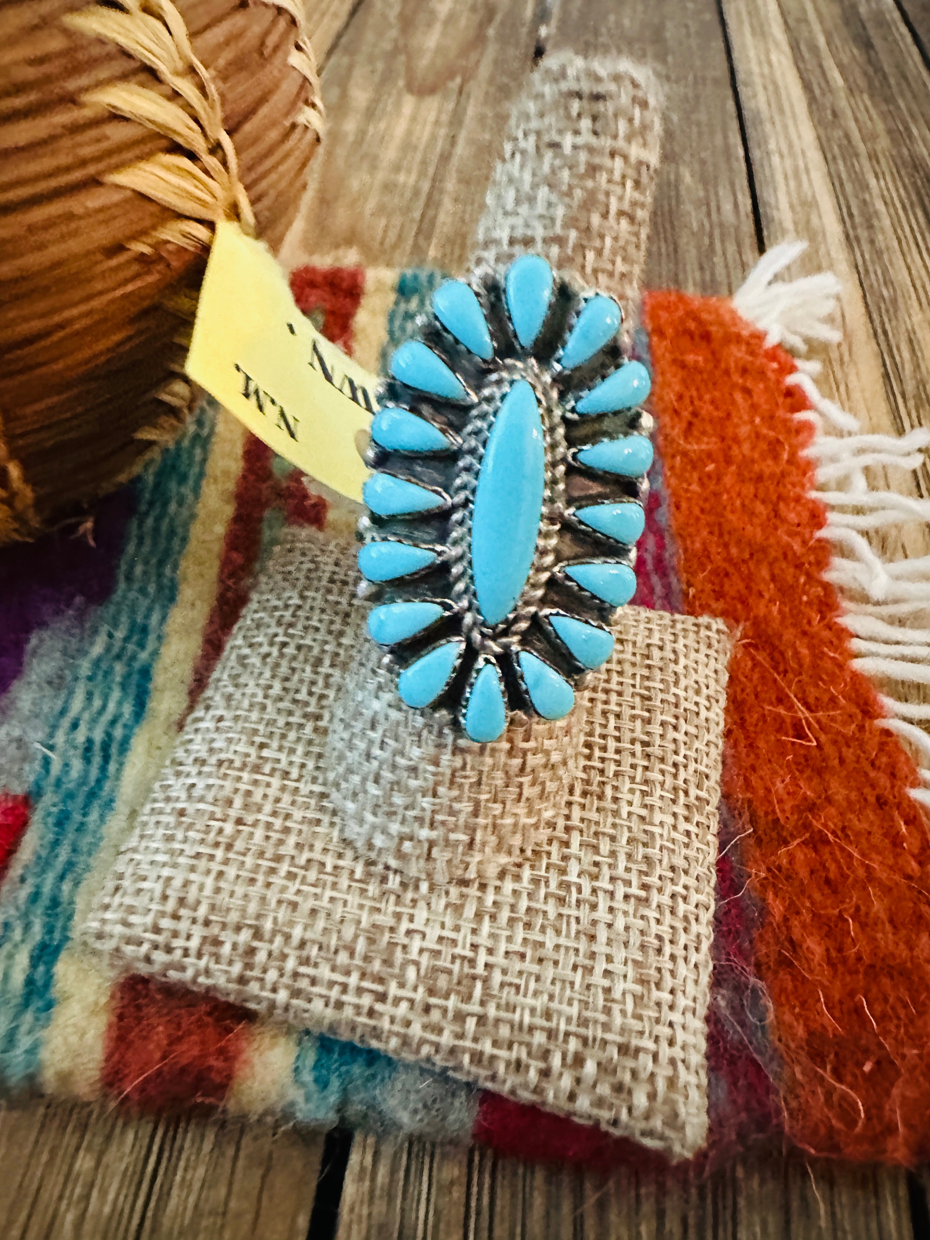 Old Pawn Handcrafted Turquoise & Sterling Silver Cluster Ring Size 8.5