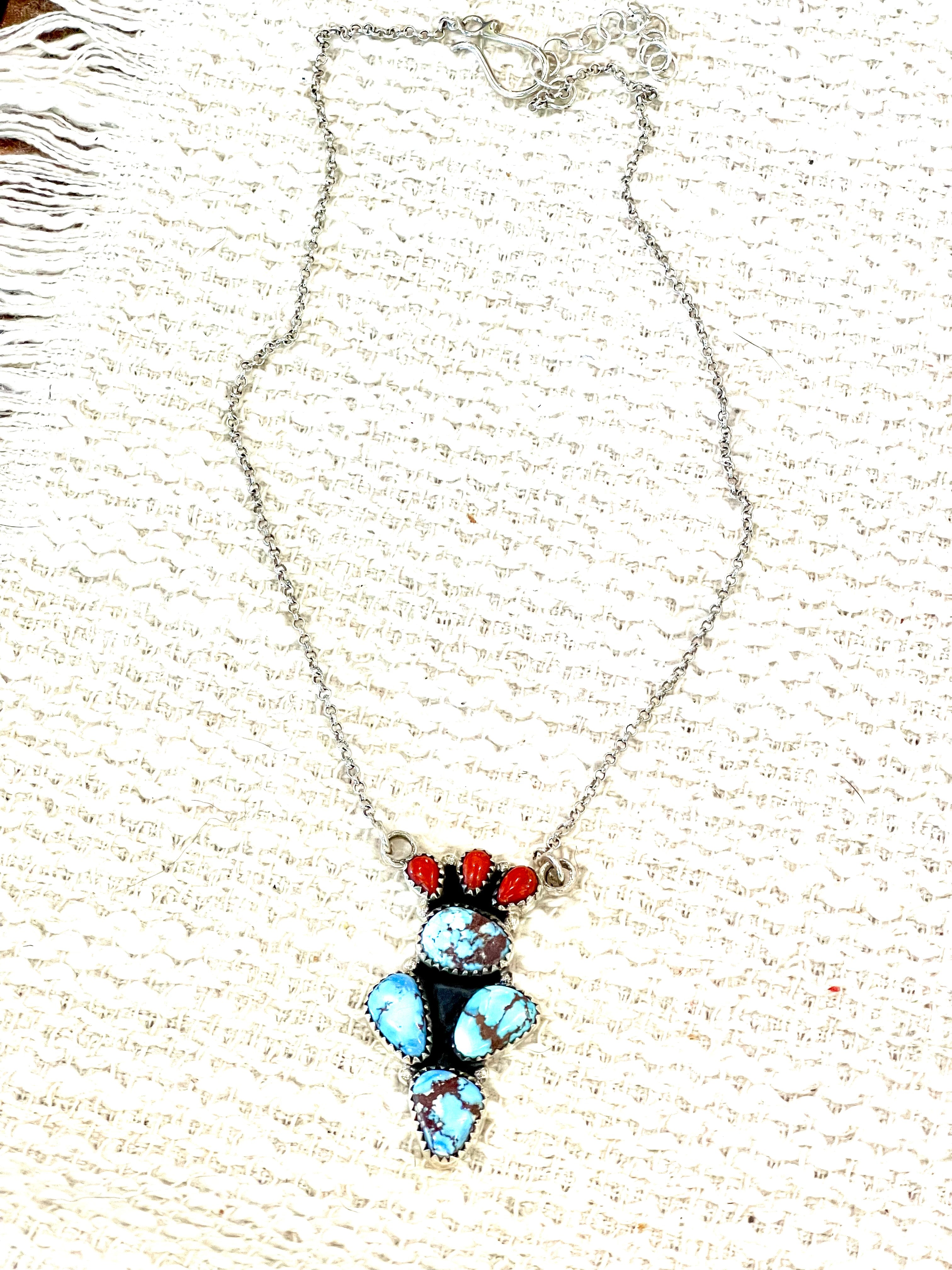 Handmade Sterling Silver, Golden Hills Turquoise & Coral Necklace Signed Nizhoni