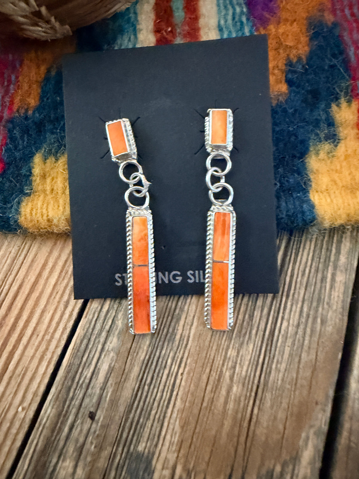 Handcrafted Spiny Oyster & Sterling Silver Inlay Dangle Earrings