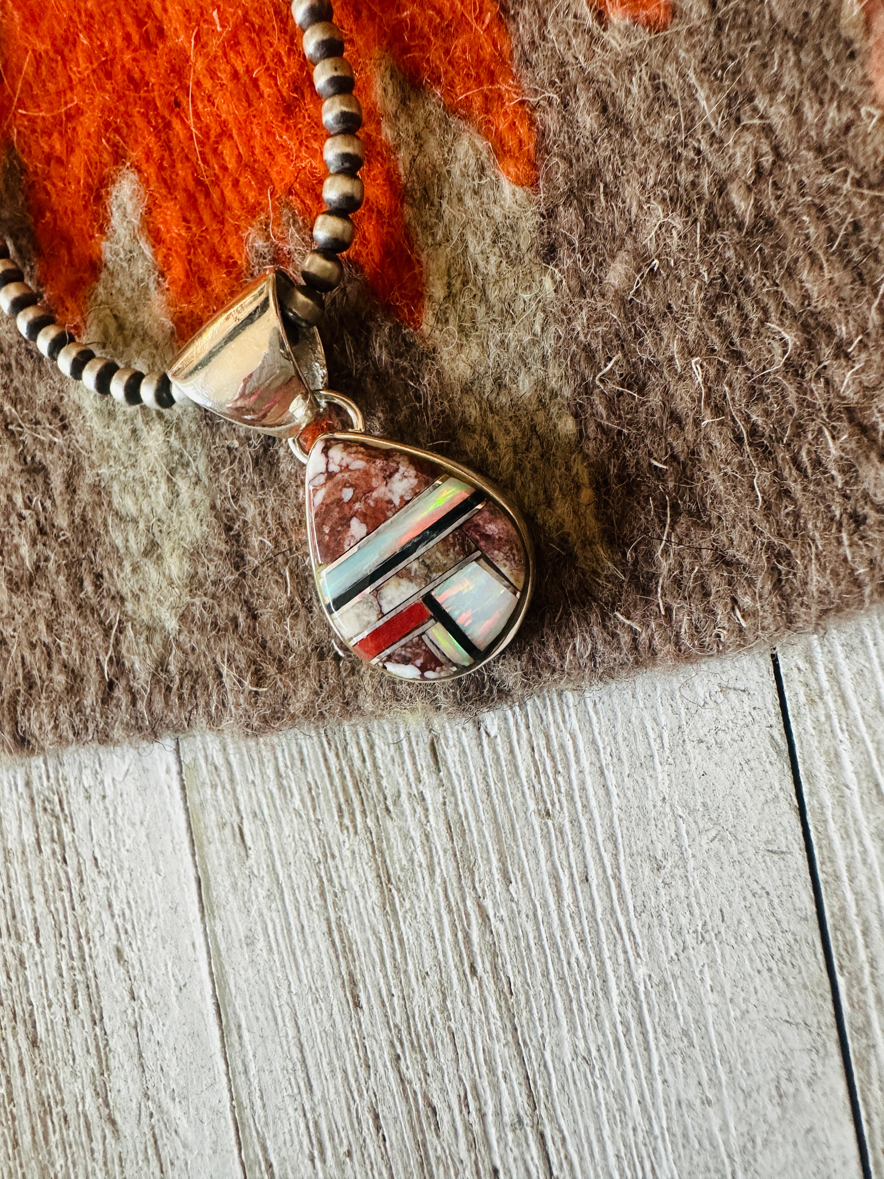 Navajo Multi Stone & Sterling Silver Inlay Teardrop Pendant