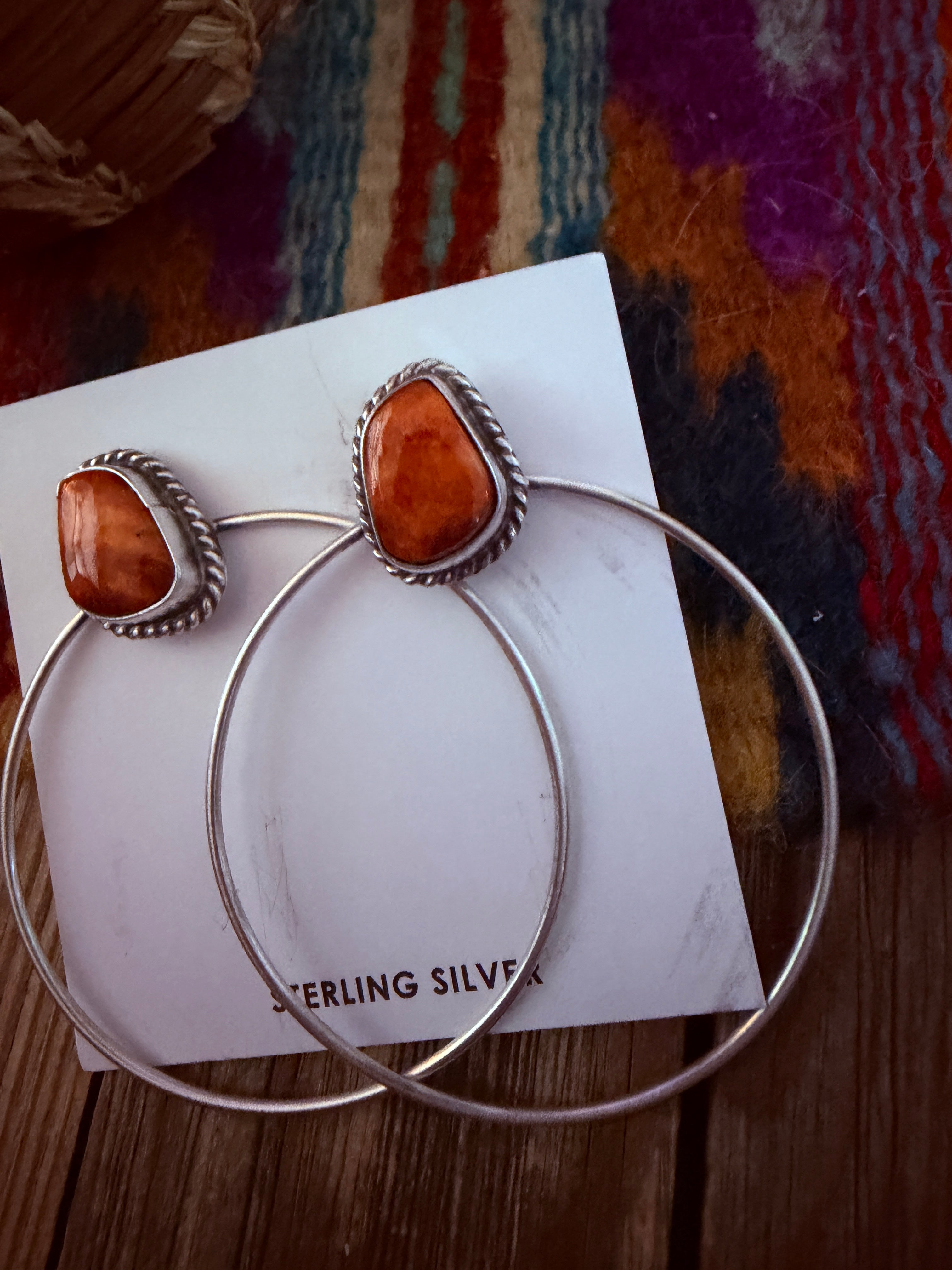 Handcrafted Orange Spiny and Sterling Silver Dangle Hoop Earrings by Elouise Kee