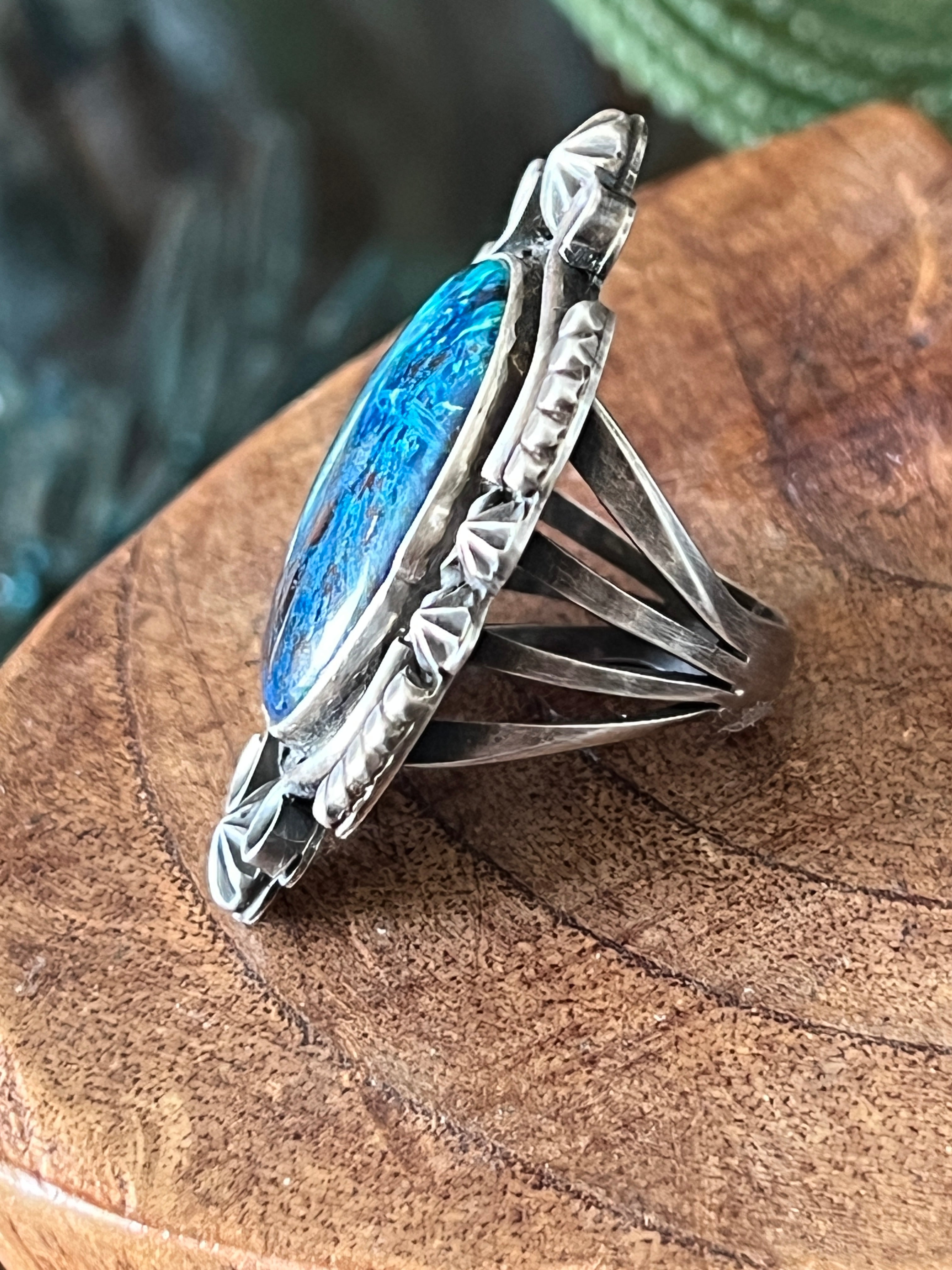 Apache Sterling Silver and Chrysocolla Azurite Ring by Rosella Paxson, Size 7