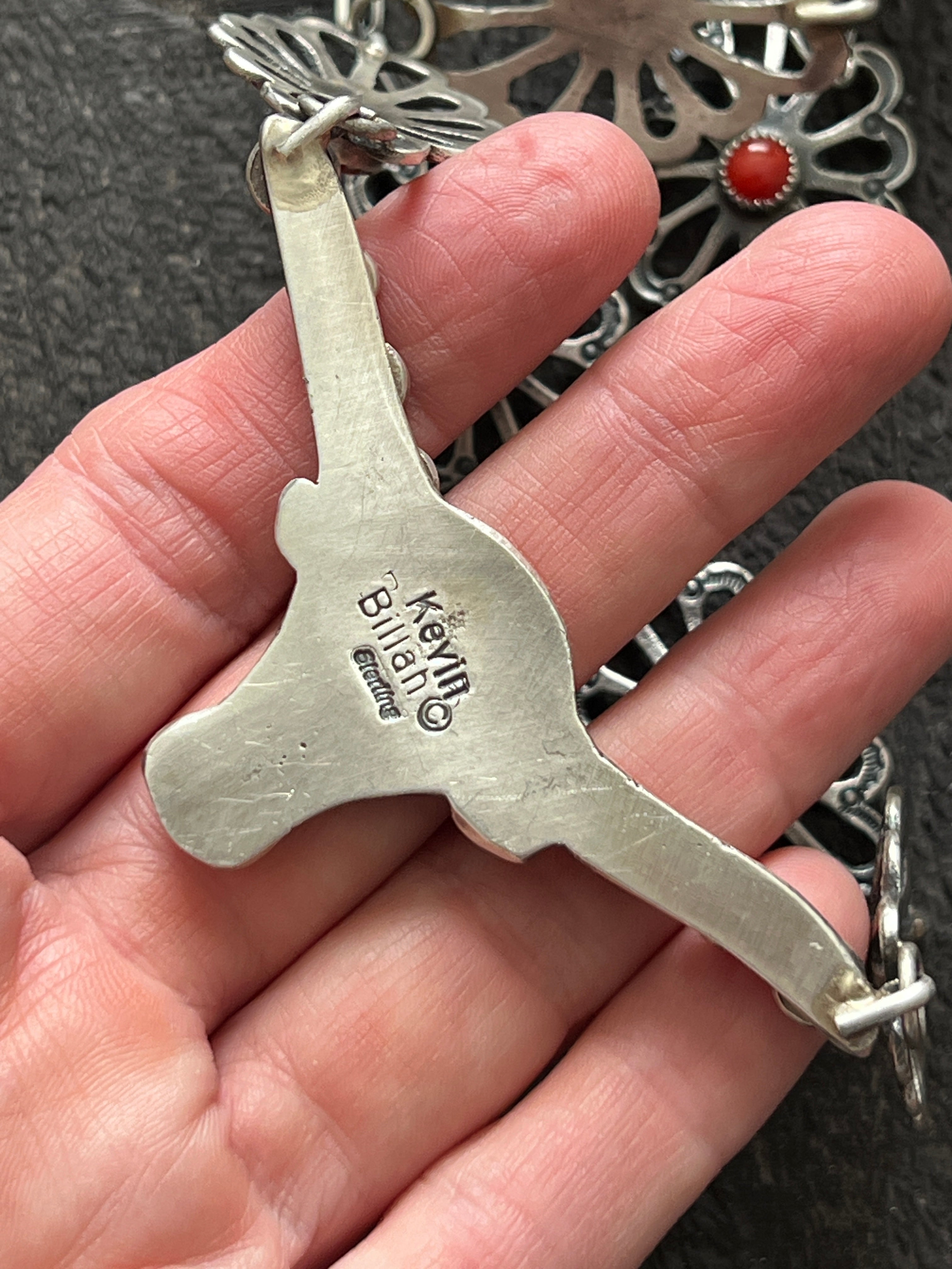 Handcrafted Sterling Silver and Mediterranean Coral Steer Head Concho Necklace & Earrings by Kevin Billah