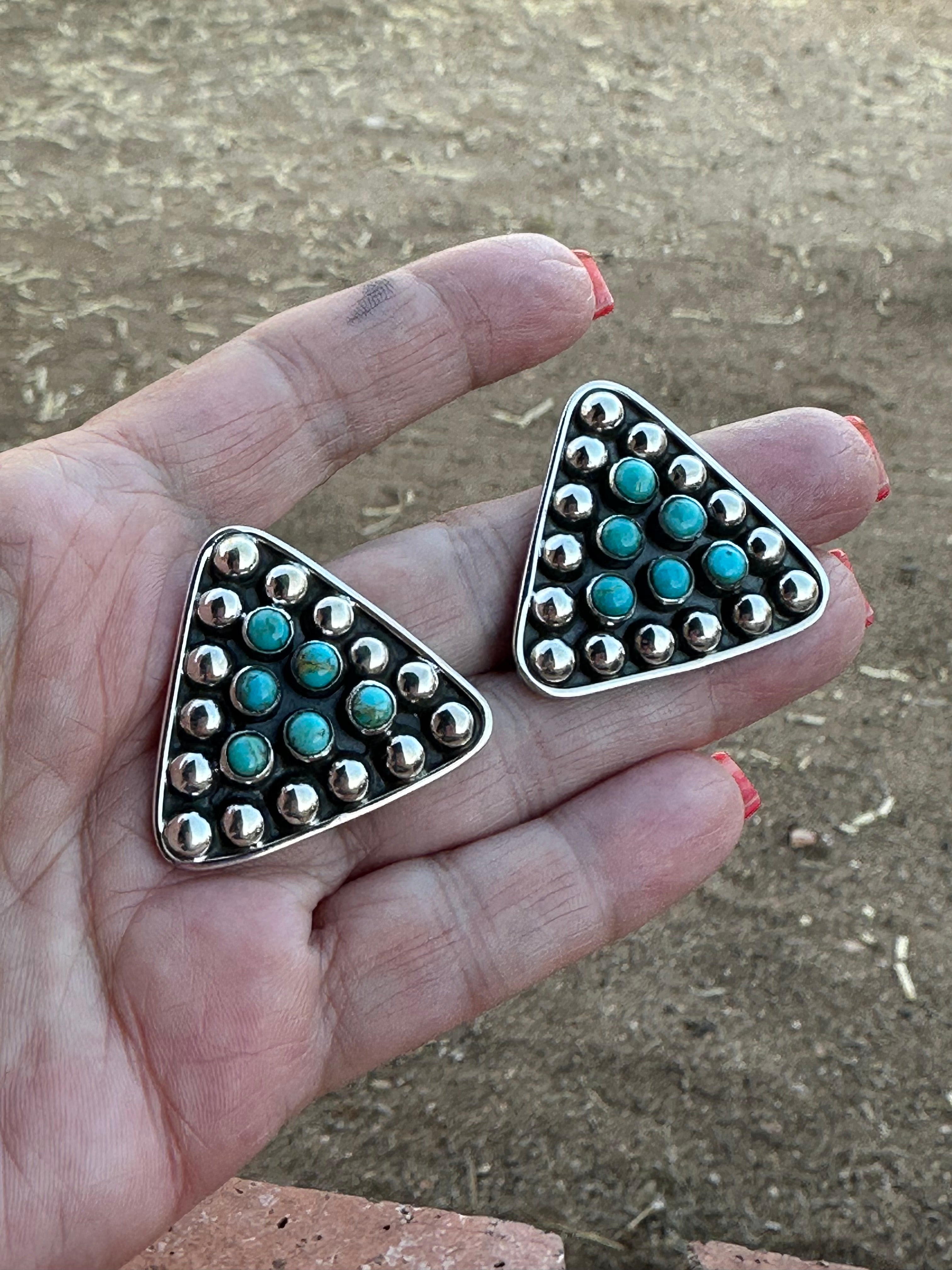 Handmade Sterling Silver & Turquoise Triangle Post Silver Ball Earrings