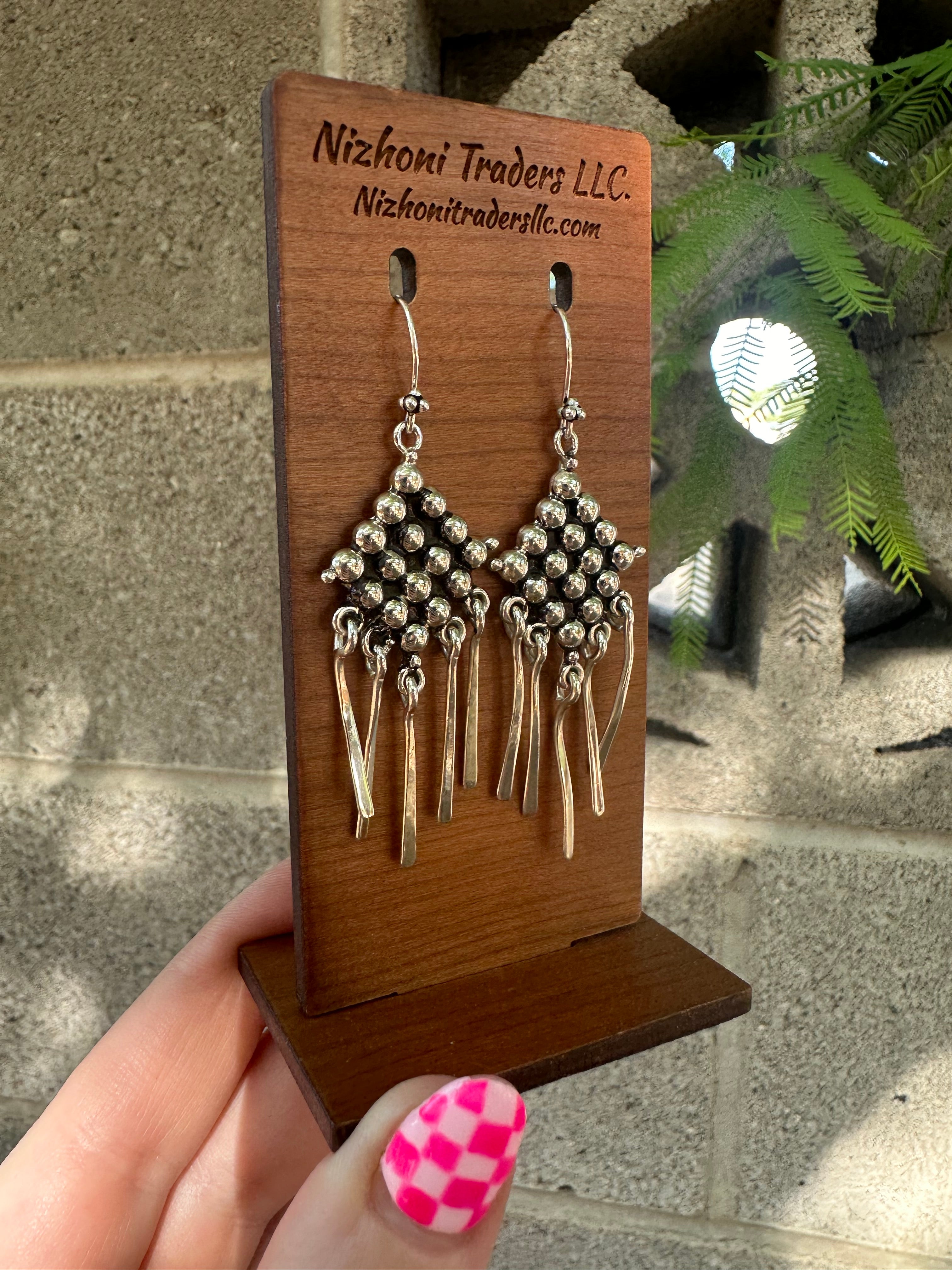 Handmade Sterling Silver Ball Dangle Fringe Earrings Signed Nizhoni