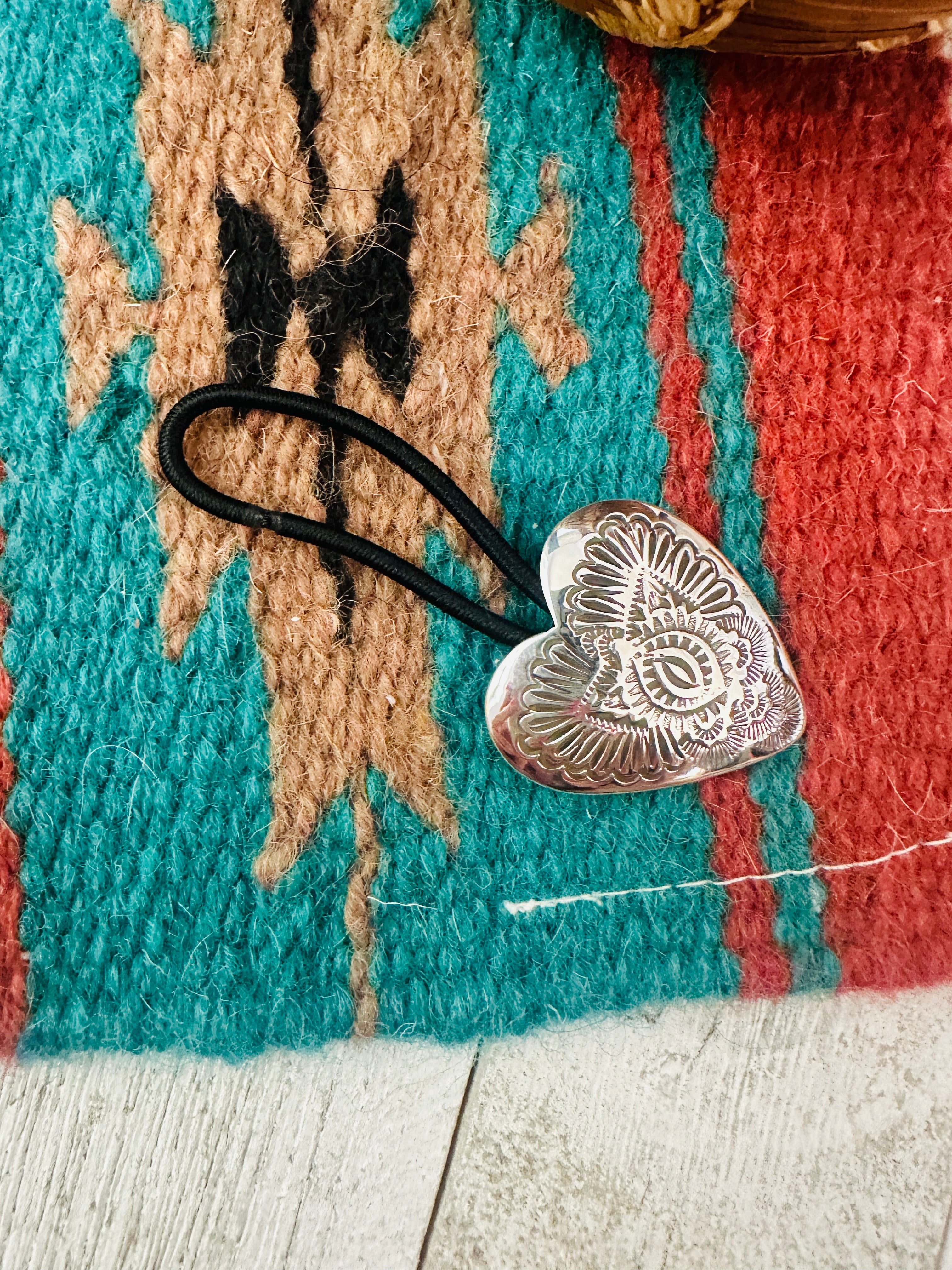 Navajo Hand Stamped Sterling Silver Heart Hair Tie