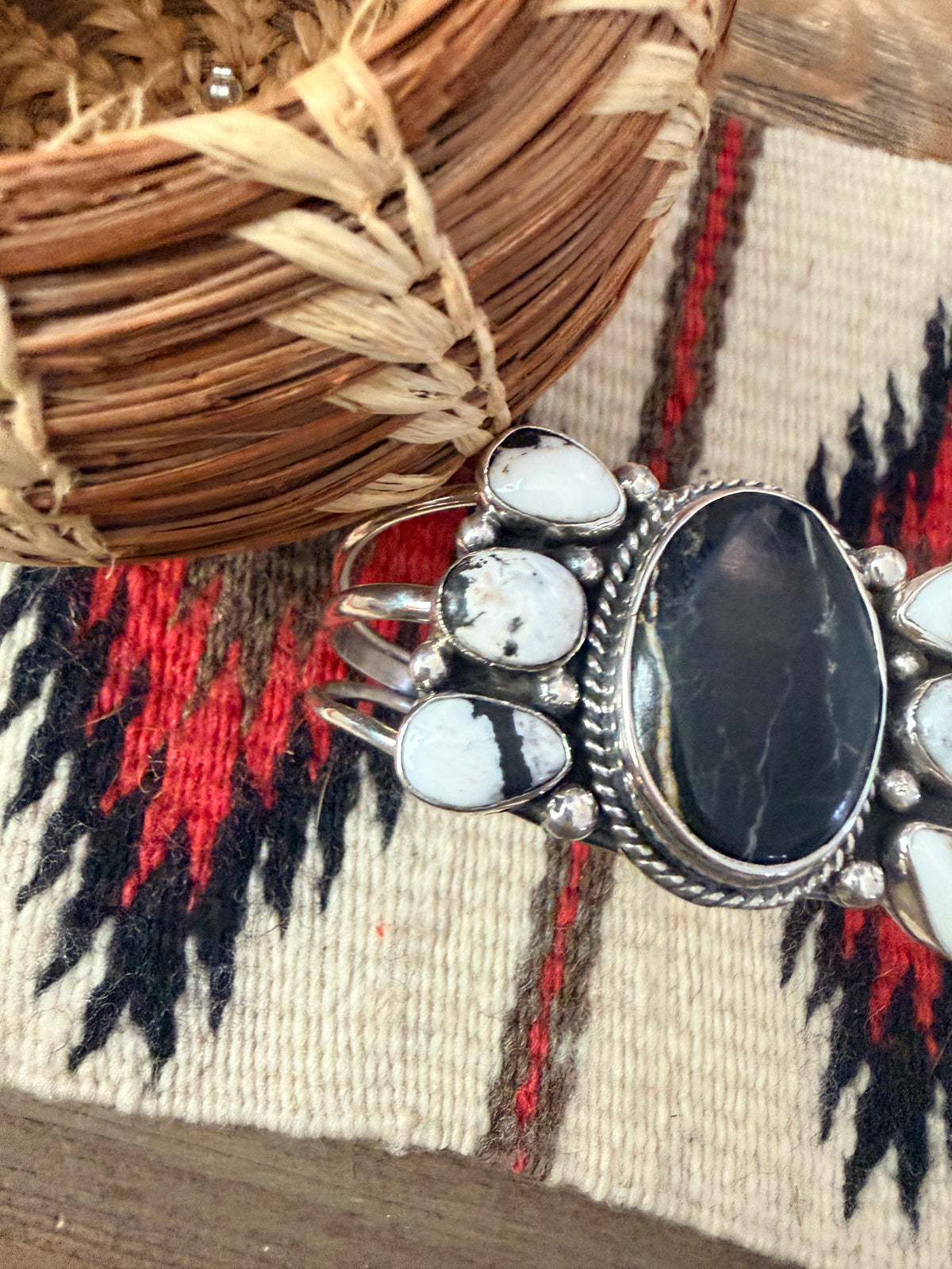 Handcrafted White Buffalo & Sterling Silver Cuff Bracelet by Charlene Yazzie