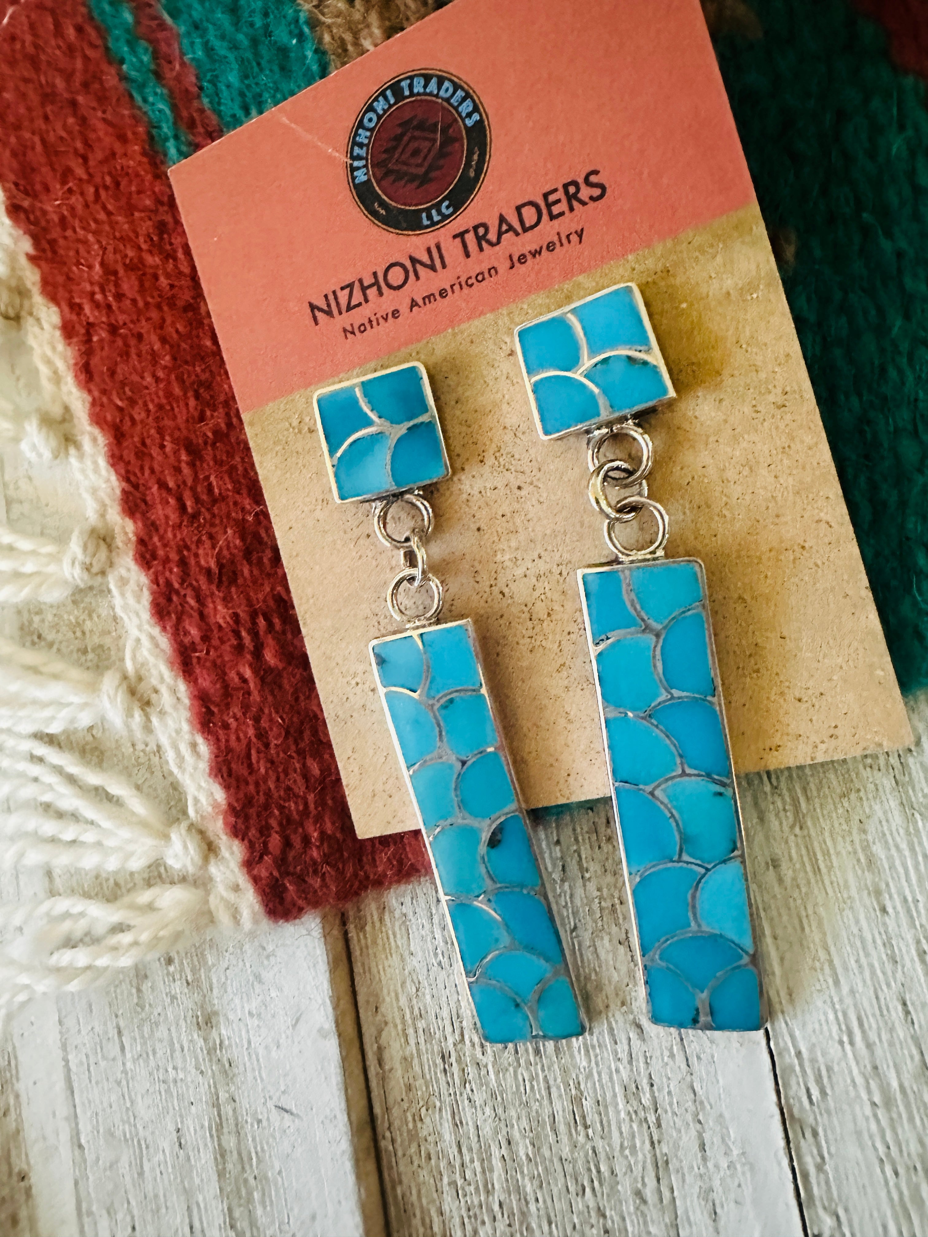 Zuni Sterling Silver & Turquoise Inlay Dangle Earrings