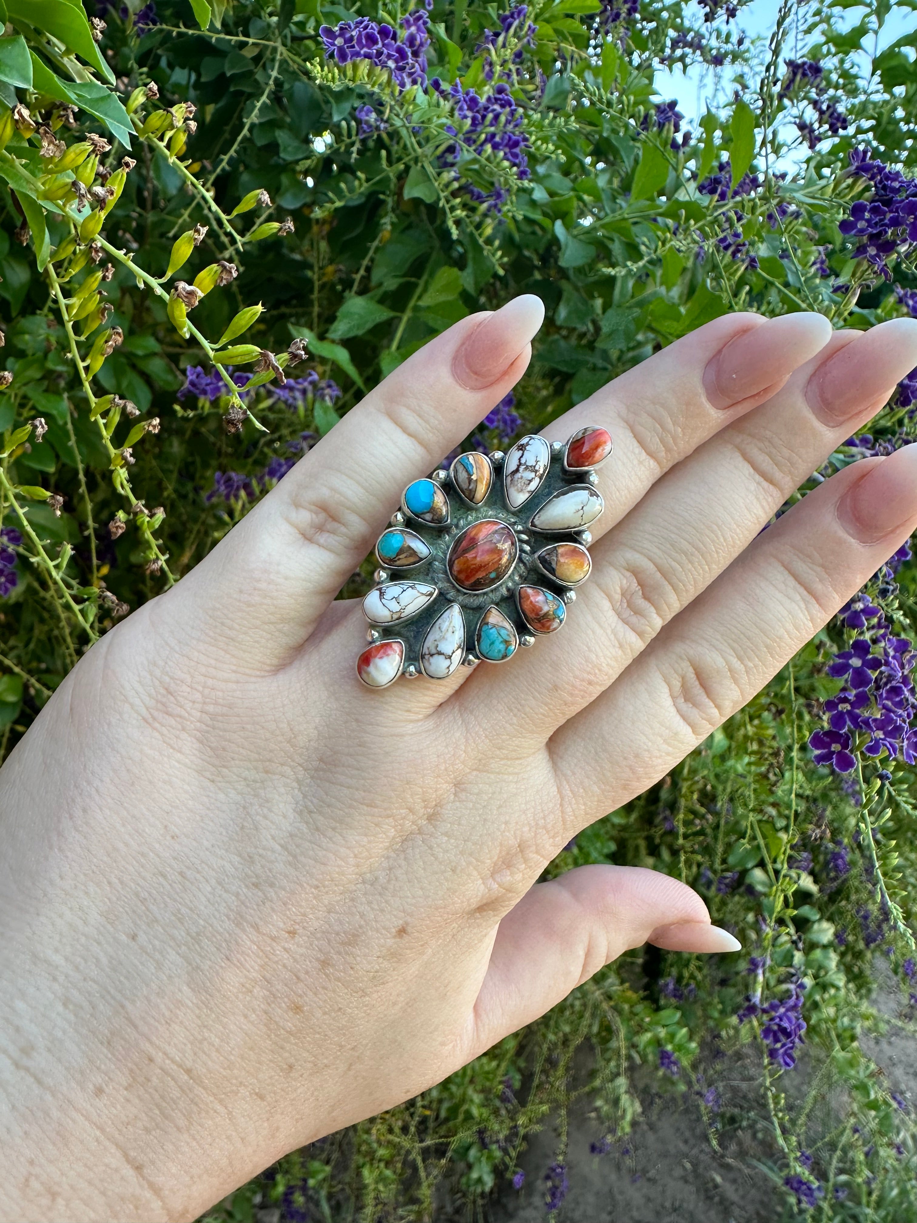 Beautiful Handmade Turquoise, Spice, Pink Dream Mojave And Sterling Silver Adjustable Ring