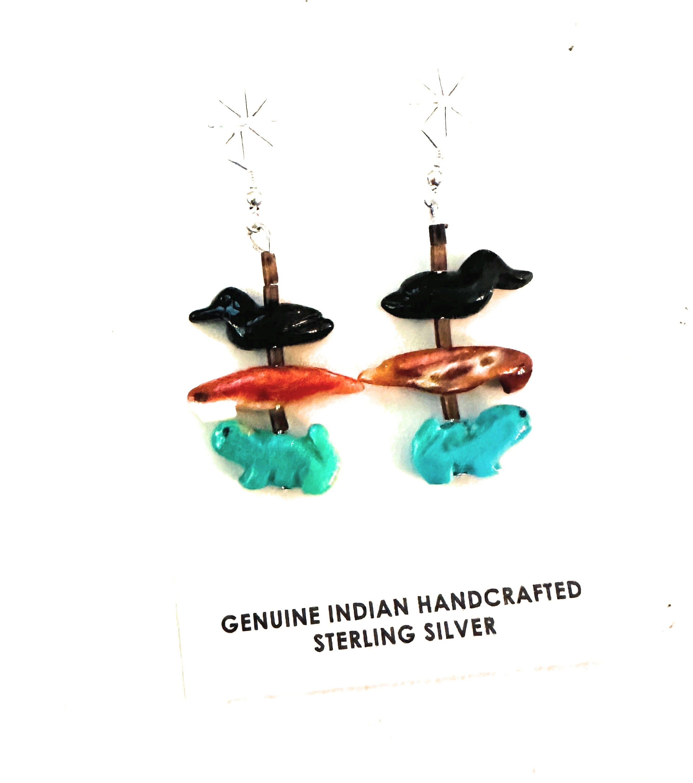 Zuni Multi Stone Beaded Fetish Dangle Earrings