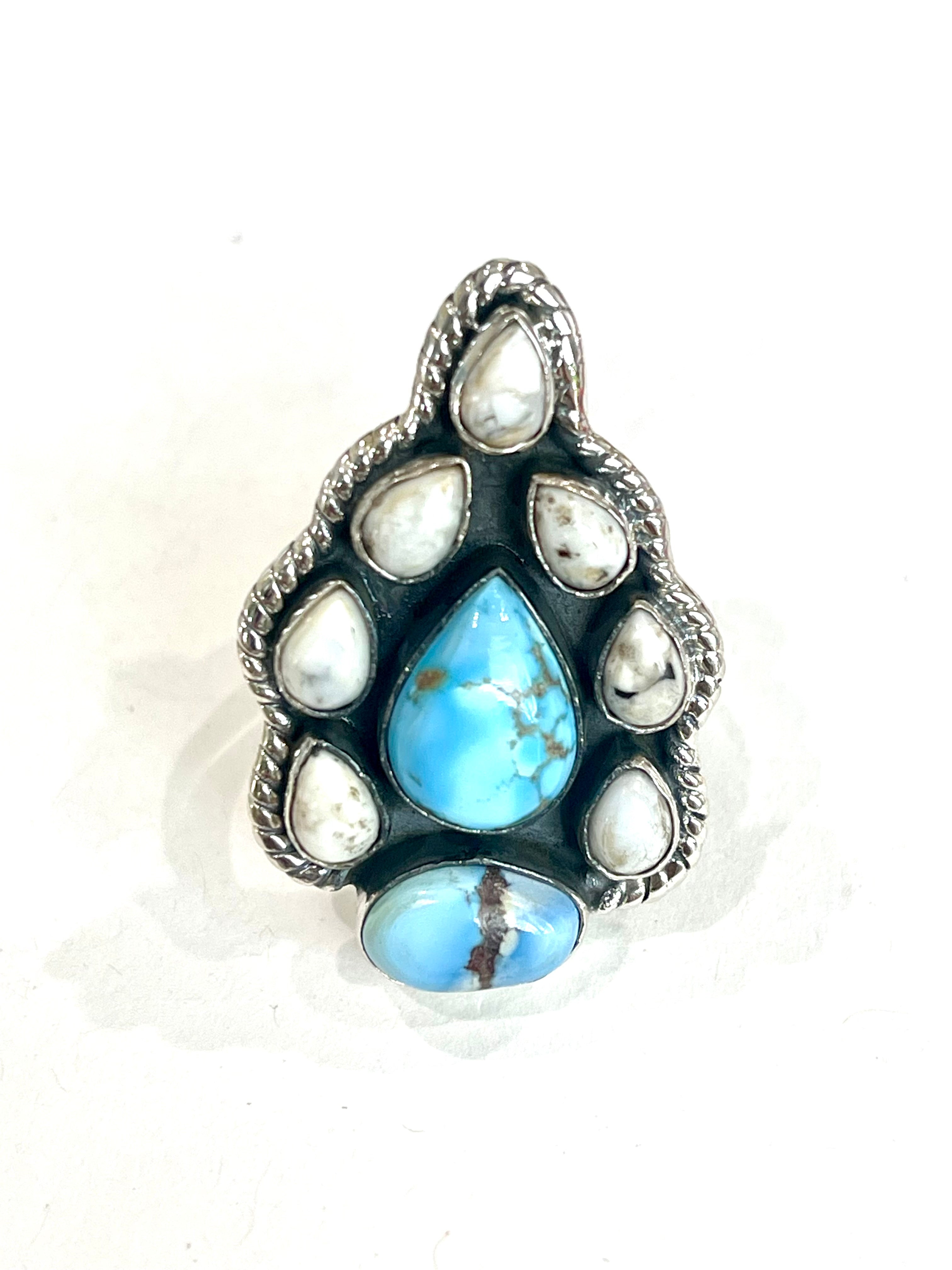 Beautiful Handmade Golden Hills Turquoise, White Buffalo And Sterling Silver Adjustable Ring