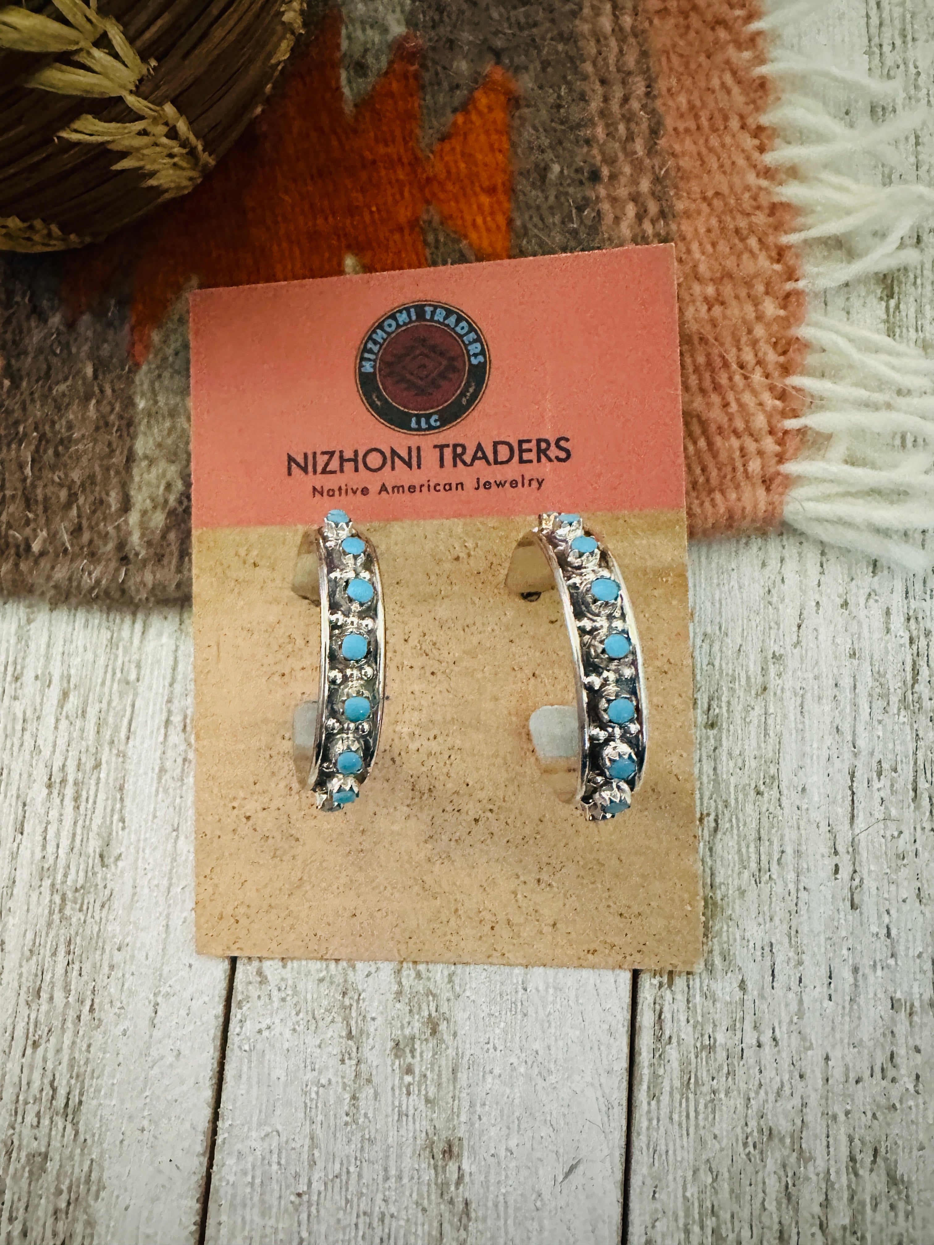 Zuni Sterling Silver & Turquoise Hoop Earrings