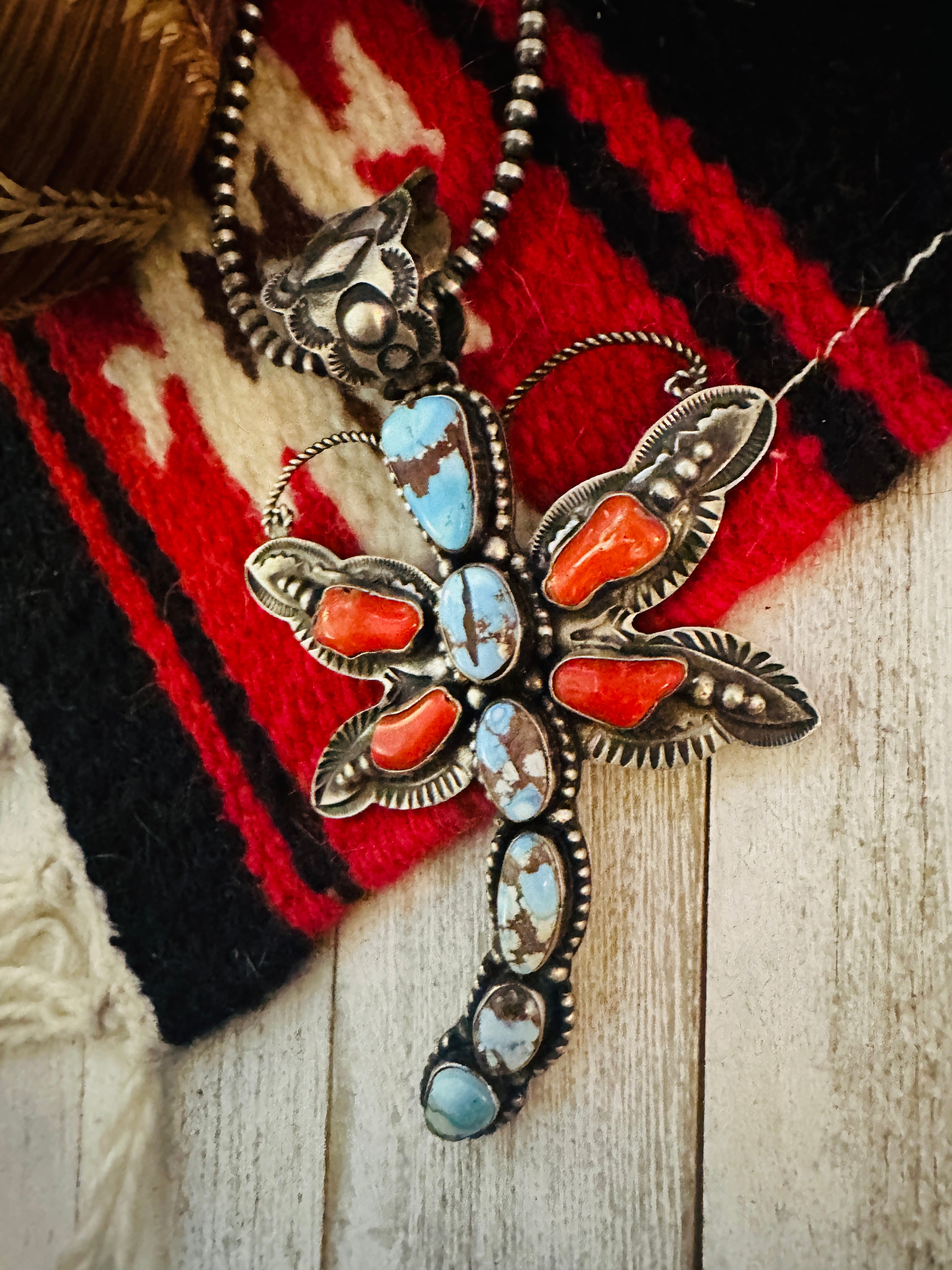 Navajo Turquoise, Coral & Sterling Silver Dragonfly Pendant By Shawn Cayatineto