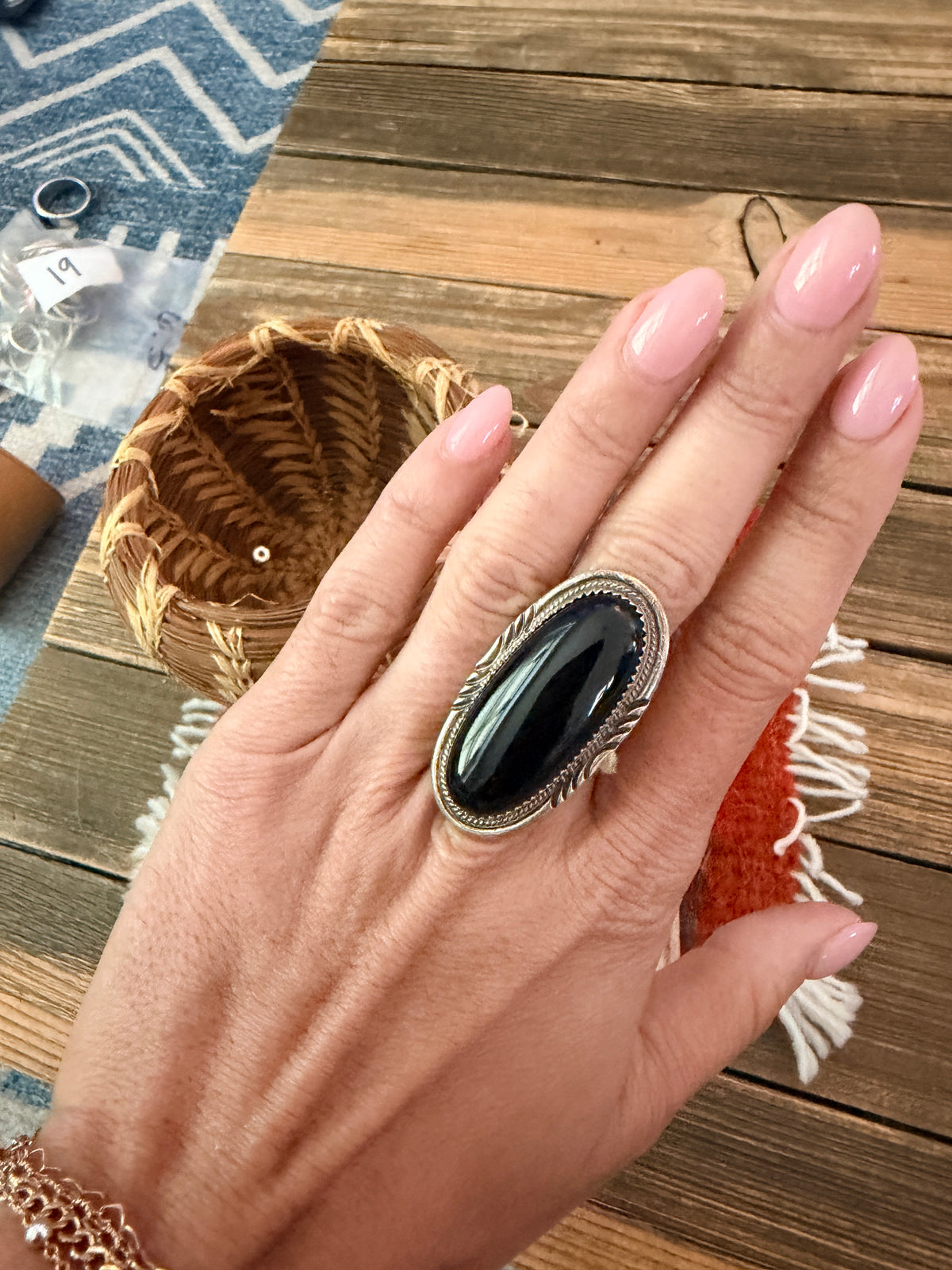 Old Pawn Handcrafted Black Onyx & Sterling Silver Ring Size 6.5
