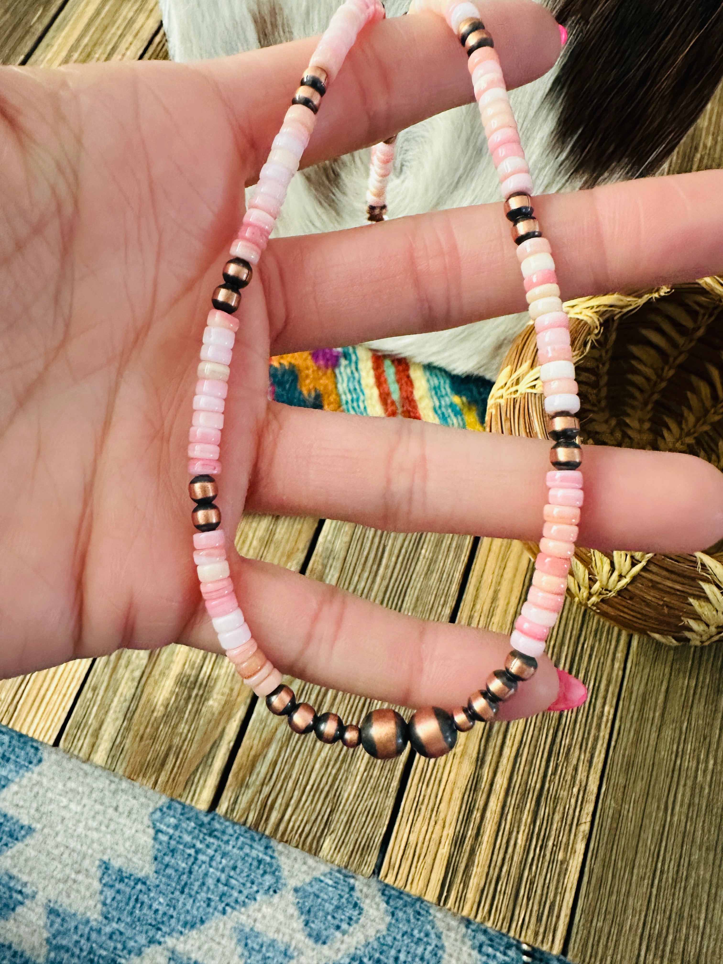 Handcrafted Queen Pink Conch & Copper 16” Beaded Necklace