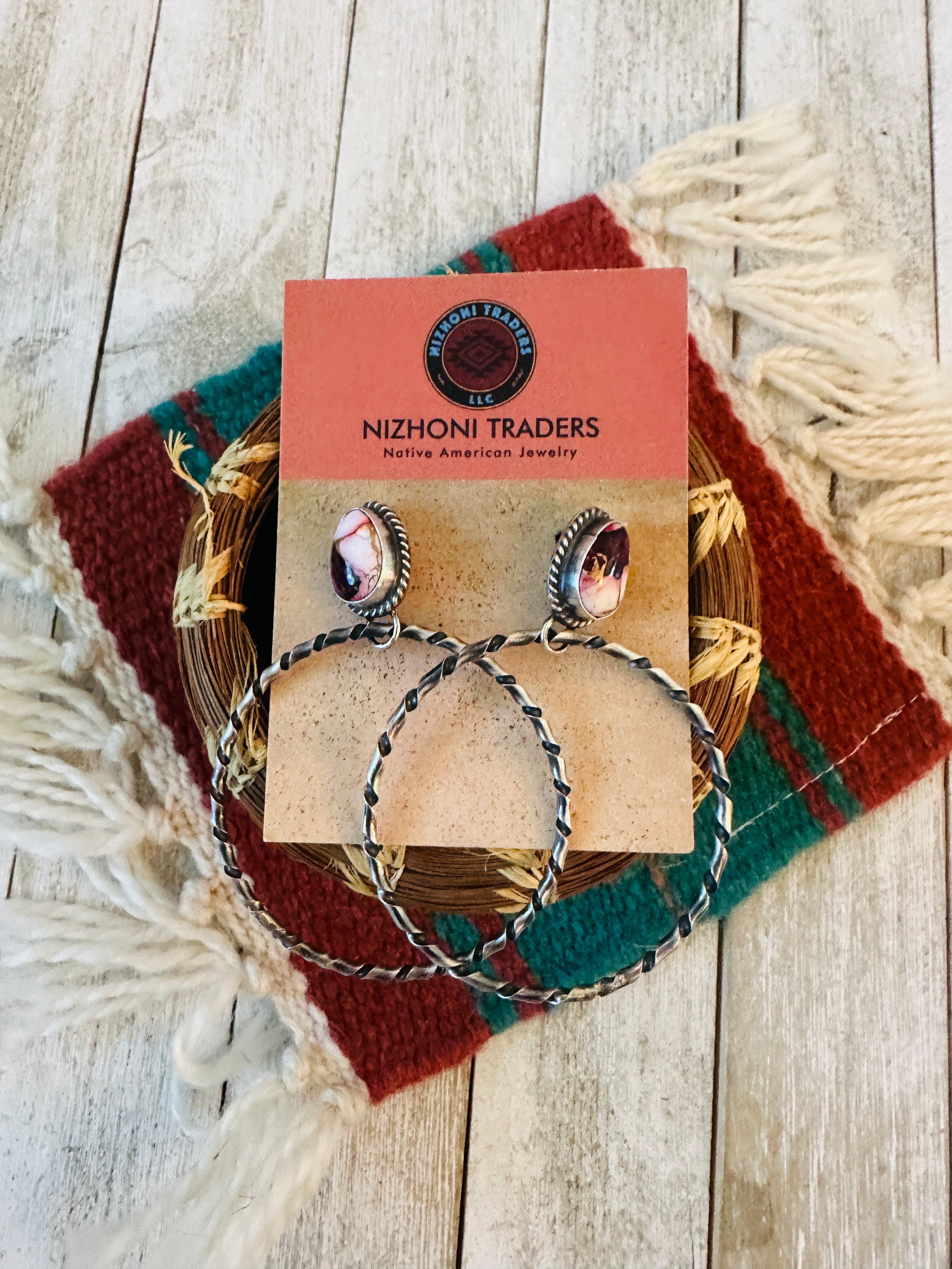 Navajo Rose Dahlia and Sterling Silver Dangle Hoop Earrings