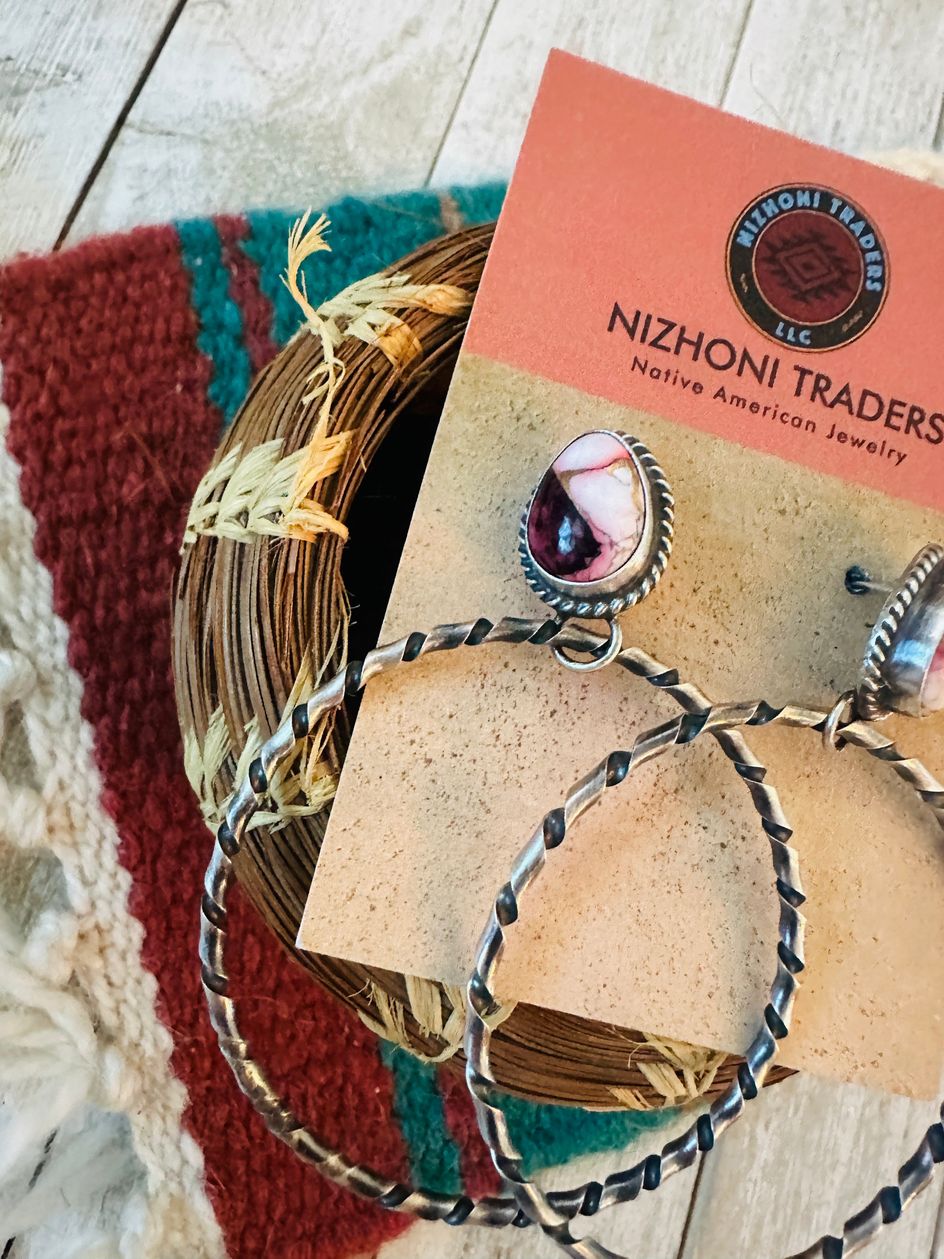 Navajo Rose Dahlia and Sterling Silver Dangle Hoop Earrings
