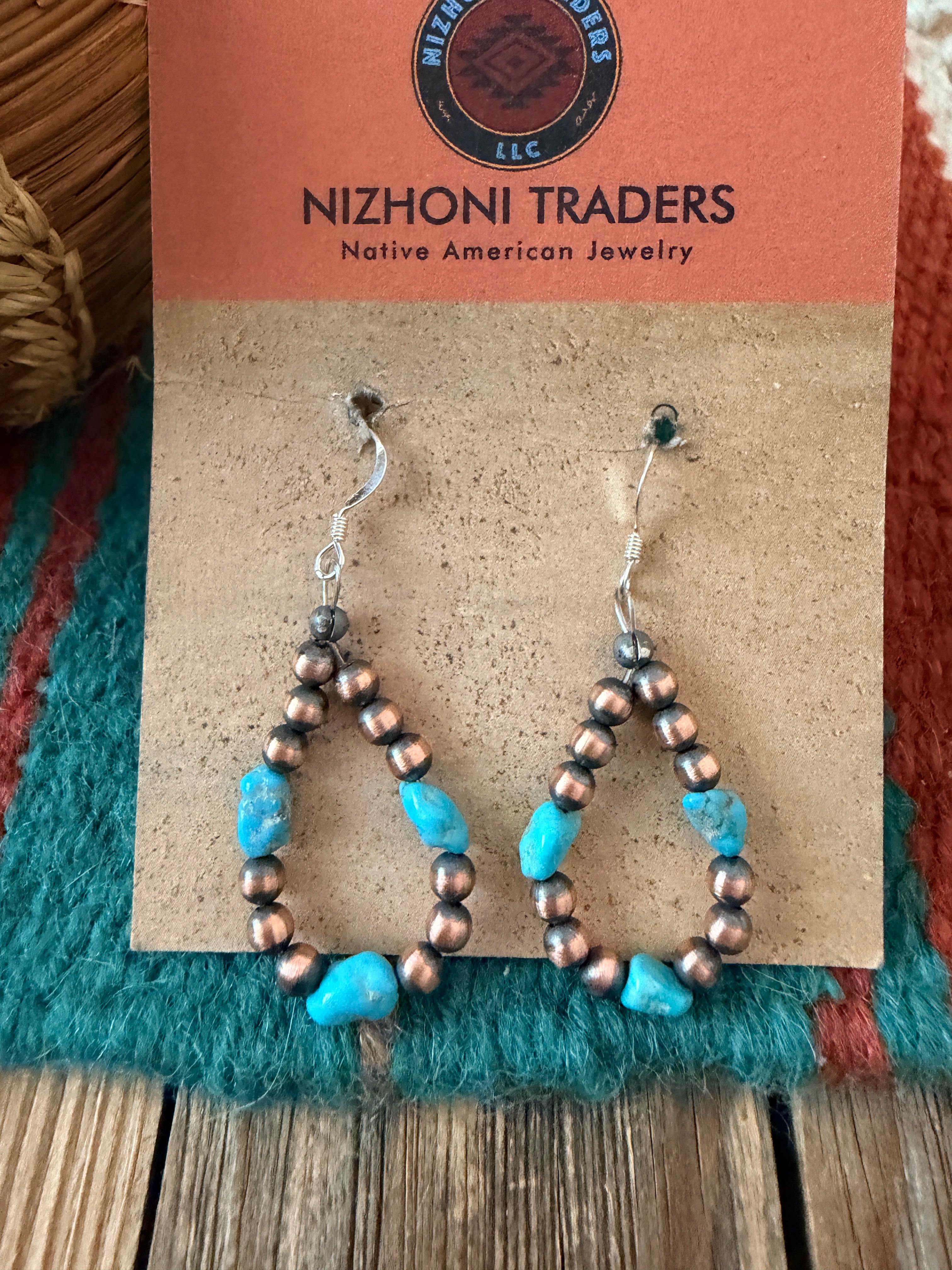Handcrafted Copper & Turquoise Beaded Dangle Hoop Earrings