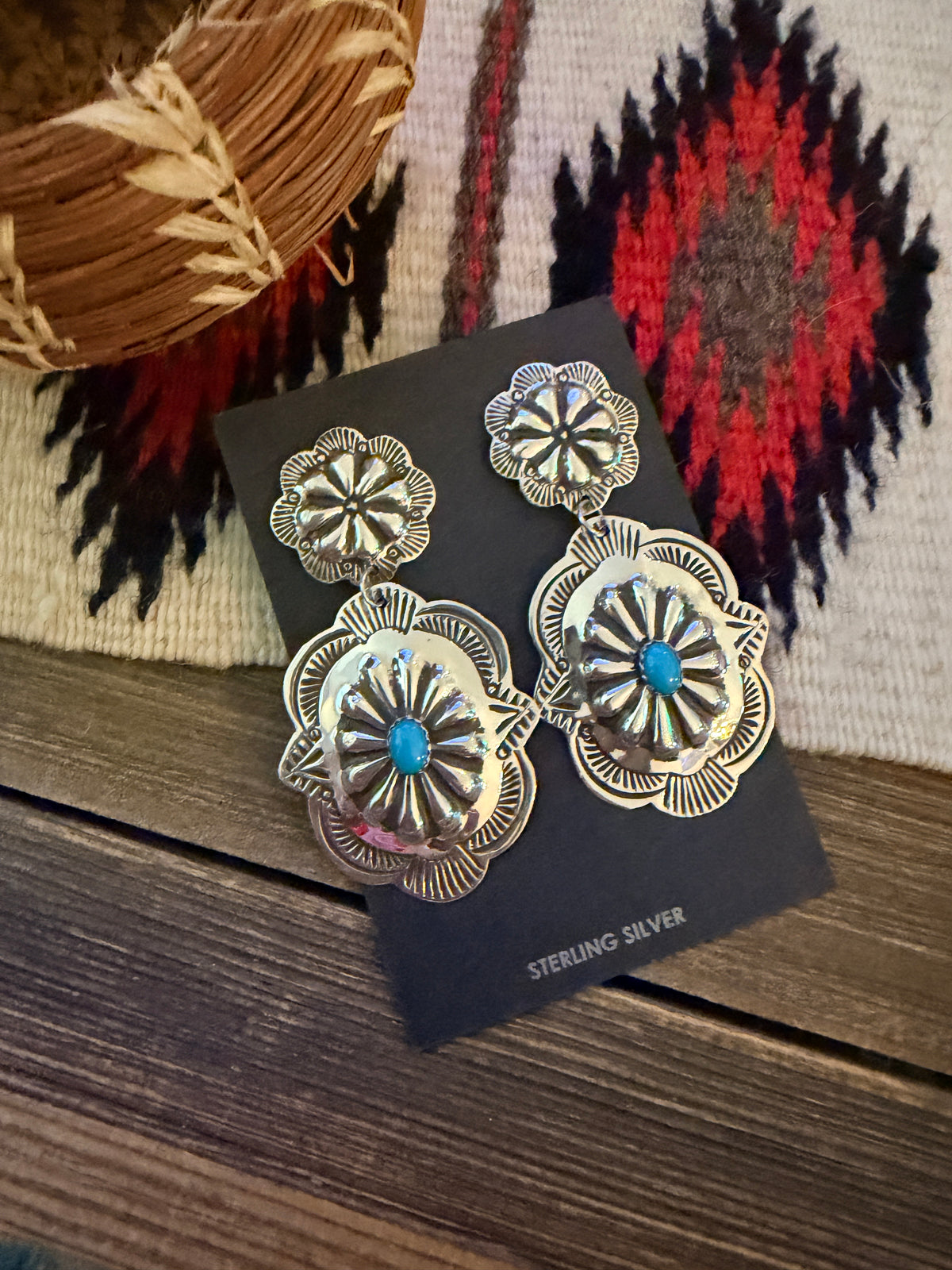 Handcrafted Turquoise & Sterling Silver Concho Dangle Earrings by Genevieve Blackgoat