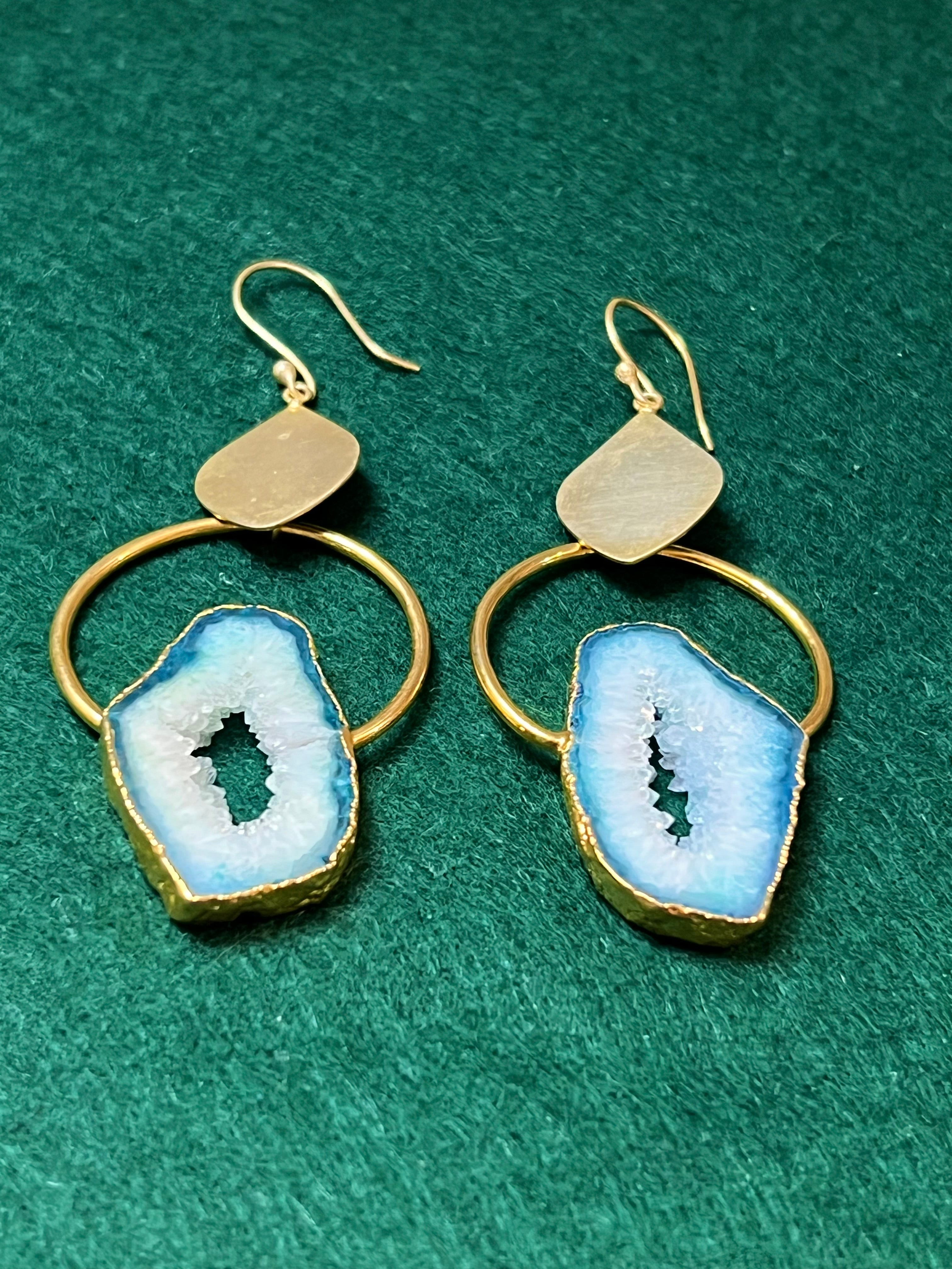 Handmade 14k Gold Druzy Plated Brass Blue Geode Wire Dangle Hoop Earrings
