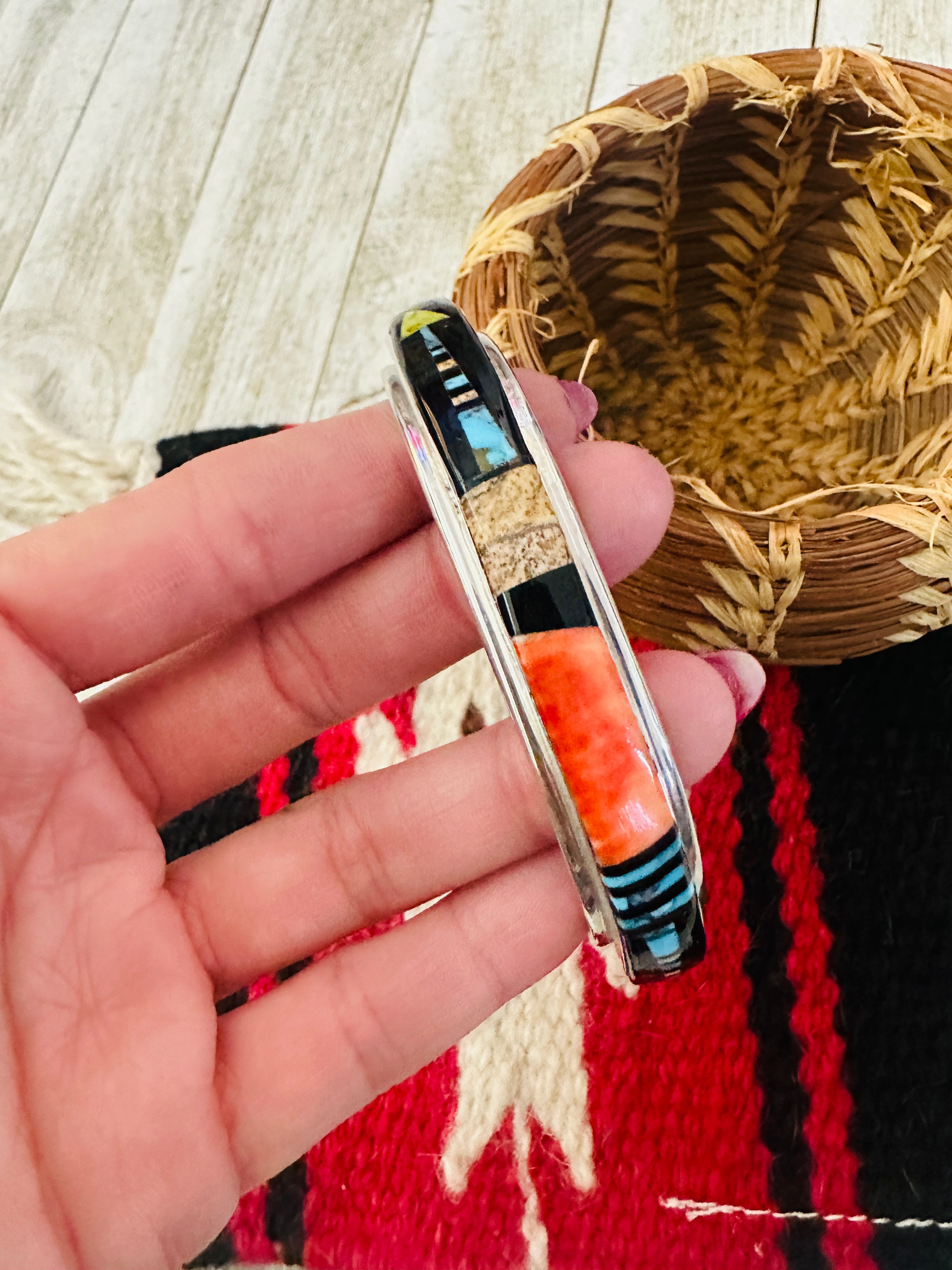 Handcrafted Multi Stone & Sterling Silver Inlay Cuff Bracelet by Ray Jack