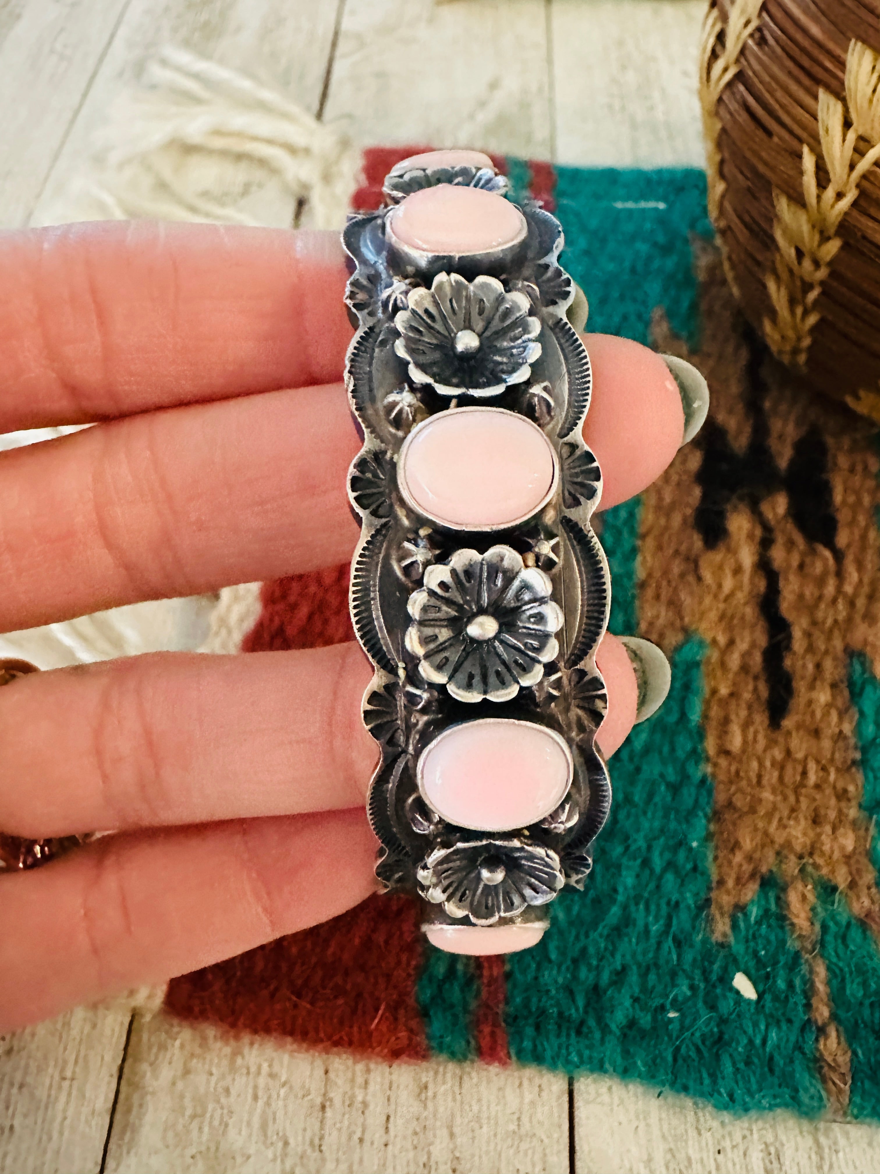 Navajo Queen Pink Conch & Sterling Silver Flower Cuff Bracelet