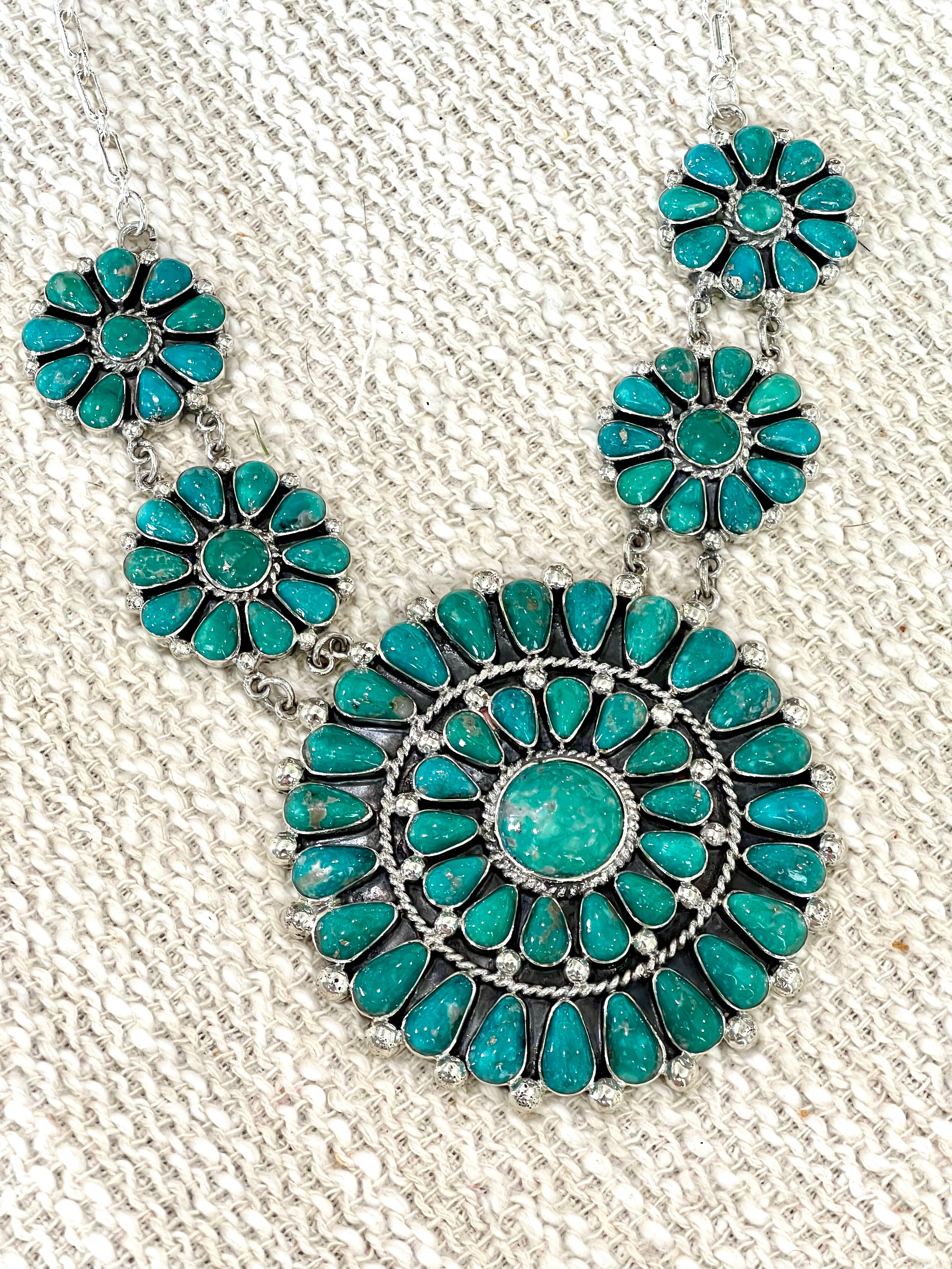 Gorgeous Handmade Turquoise & Sterling Silver Cluster Necklace