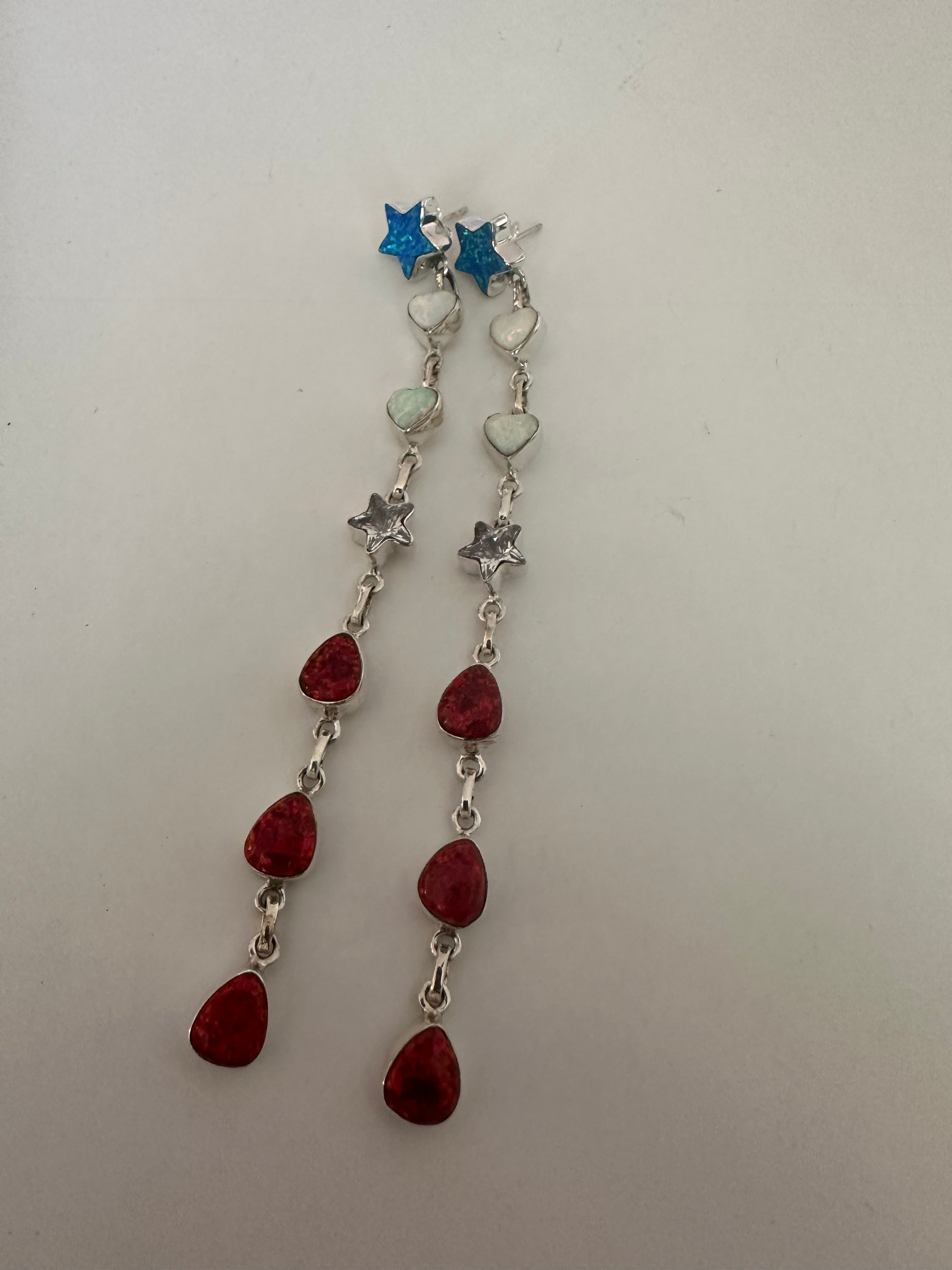 4th Of July Handmade Red, White & Blue Fire Opal and Sterling Silver Statement Dangles