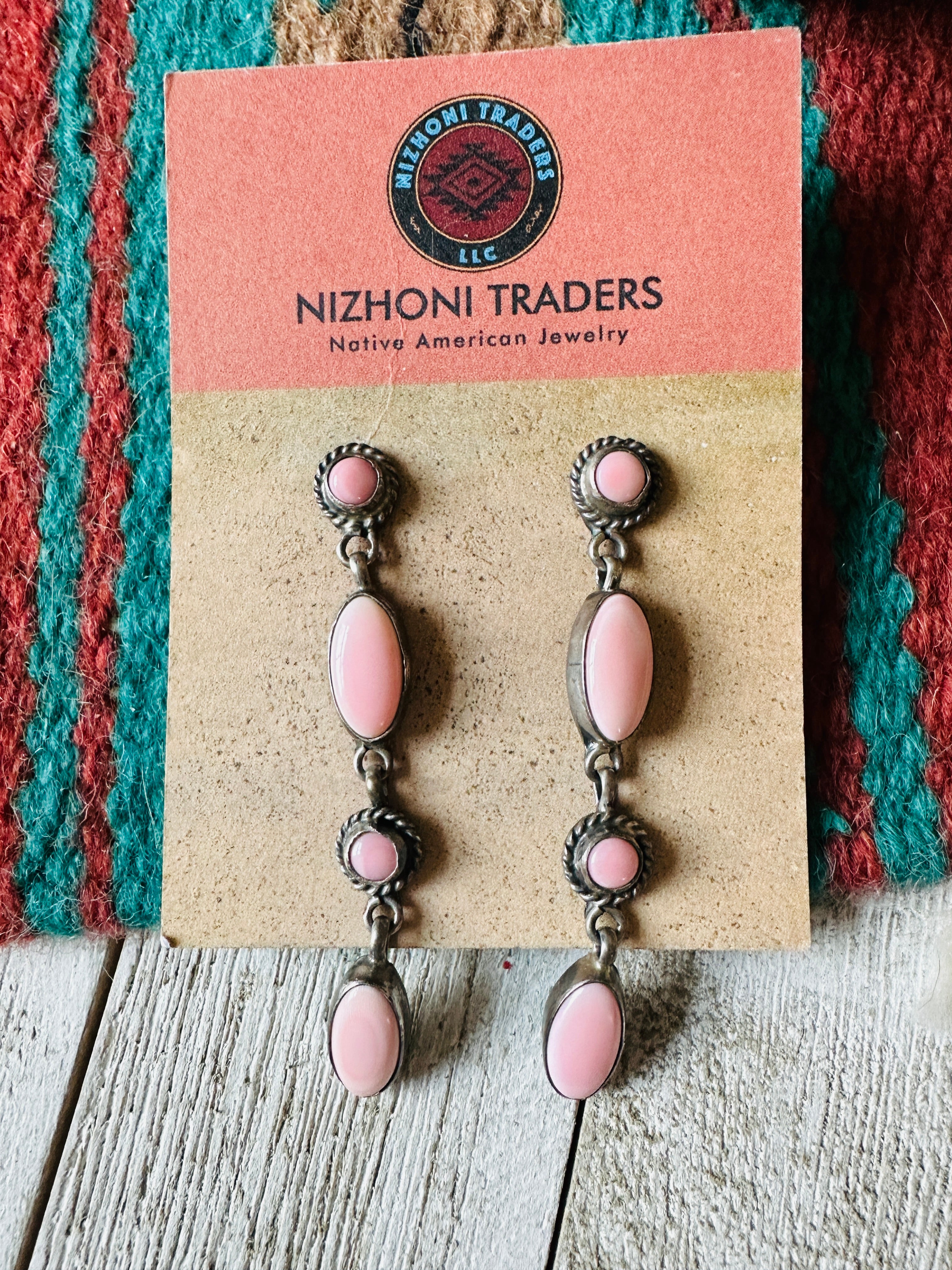 Navajo Queen Pink Conch & Sterling Silver 4-Stone Dangle Earrings