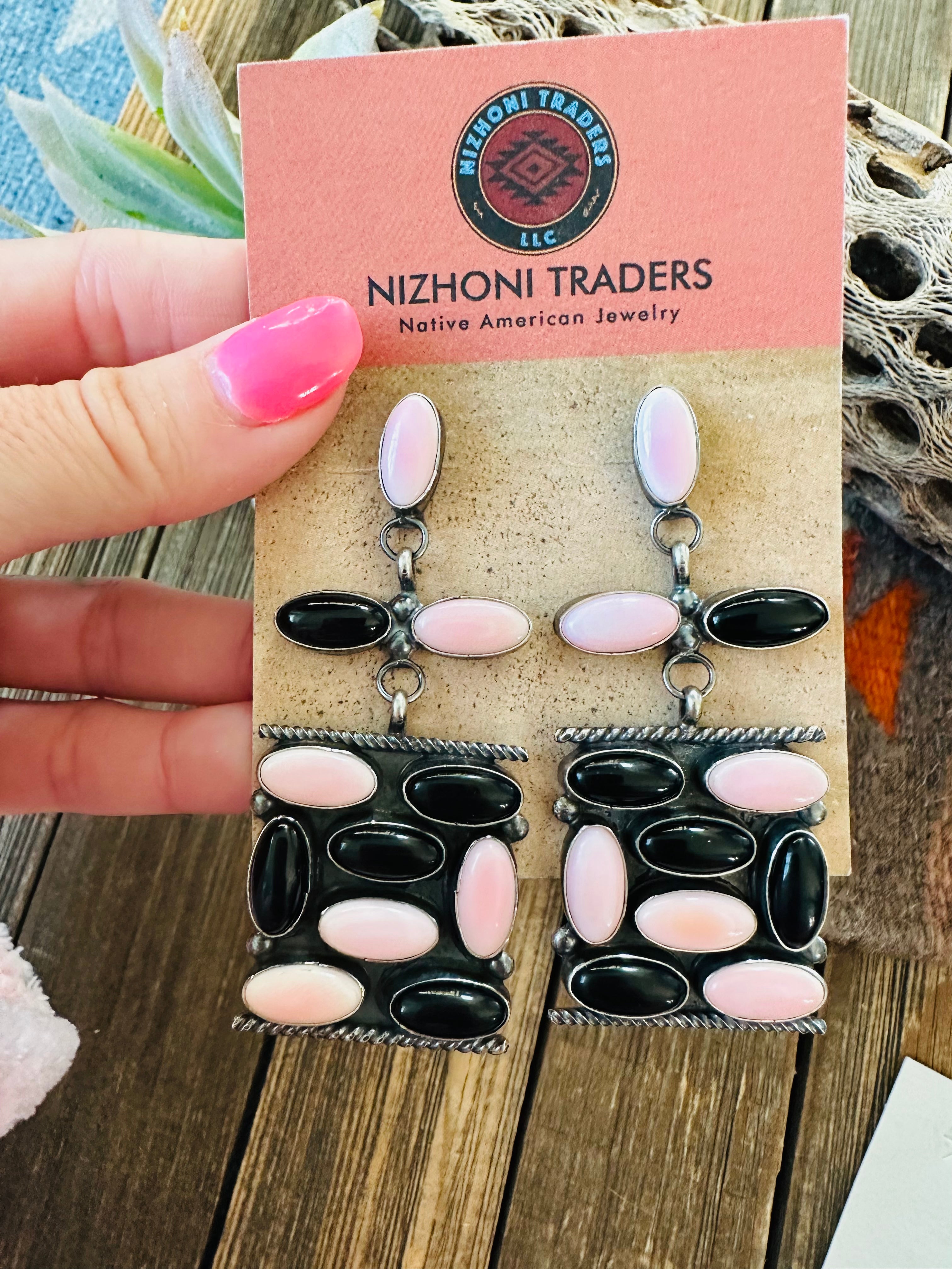 Navajo Queen Pink Conch, Onyx & Sterling Silver Dangle Earrings