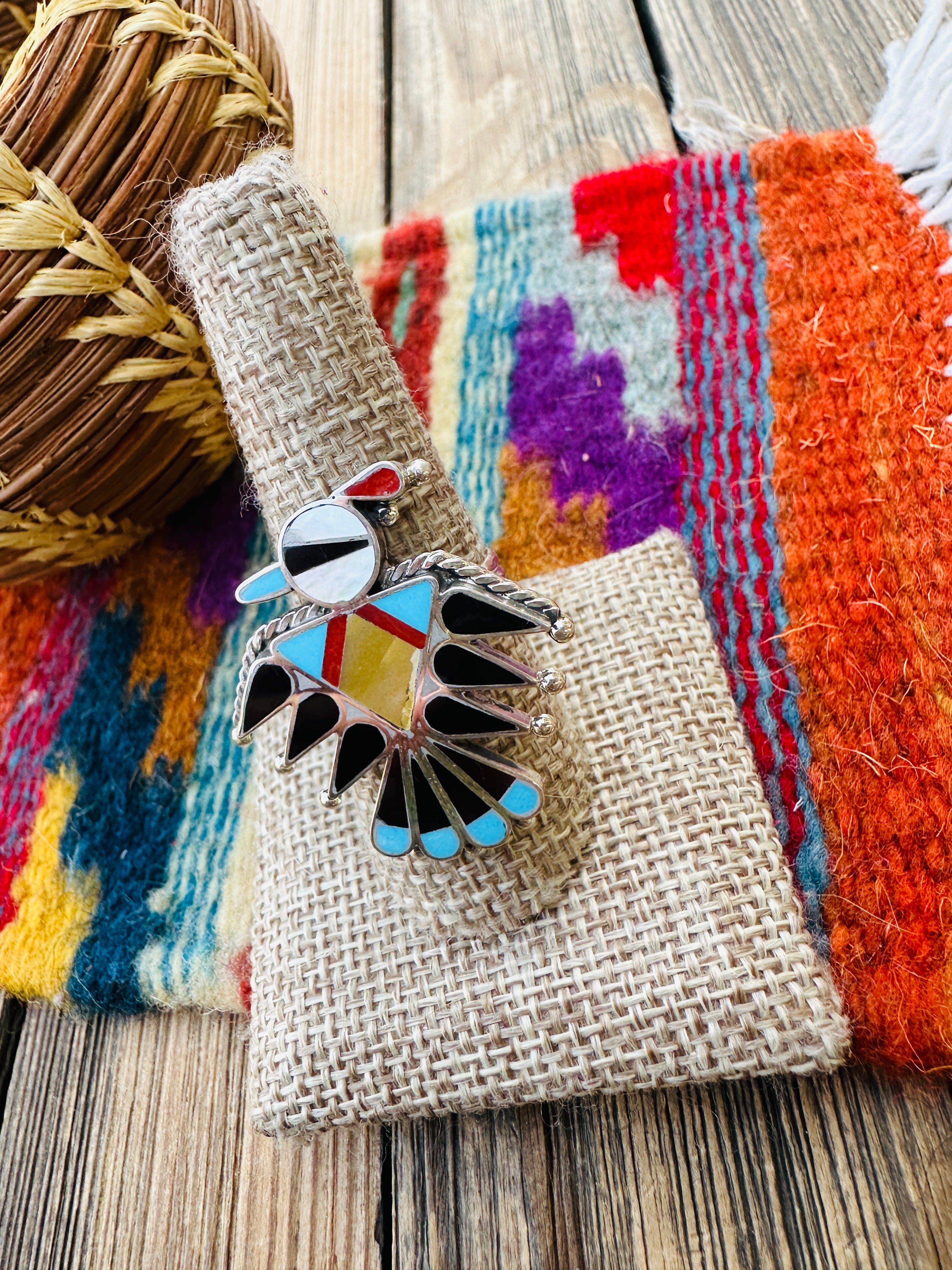 Old Pawn Handcrafted Multi Stone & Sterling Silver Thunderbird Ring Size 9.5