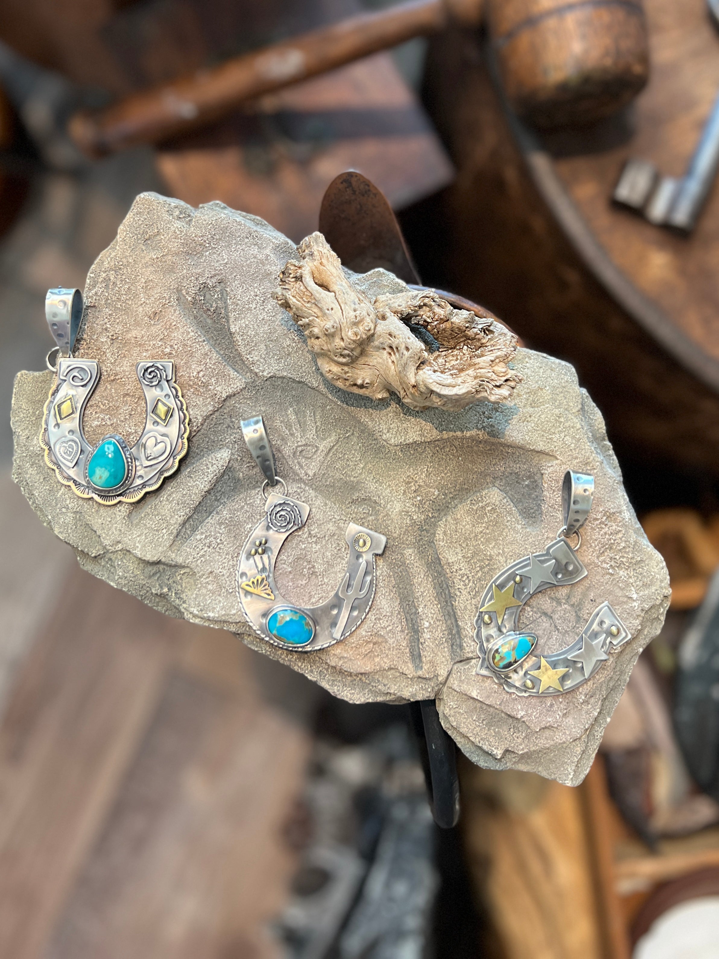 Kimari Somers Hand Stamped Sterling Silver Star Horseshoe Pendant with Brass Accents & Royston Turquoise