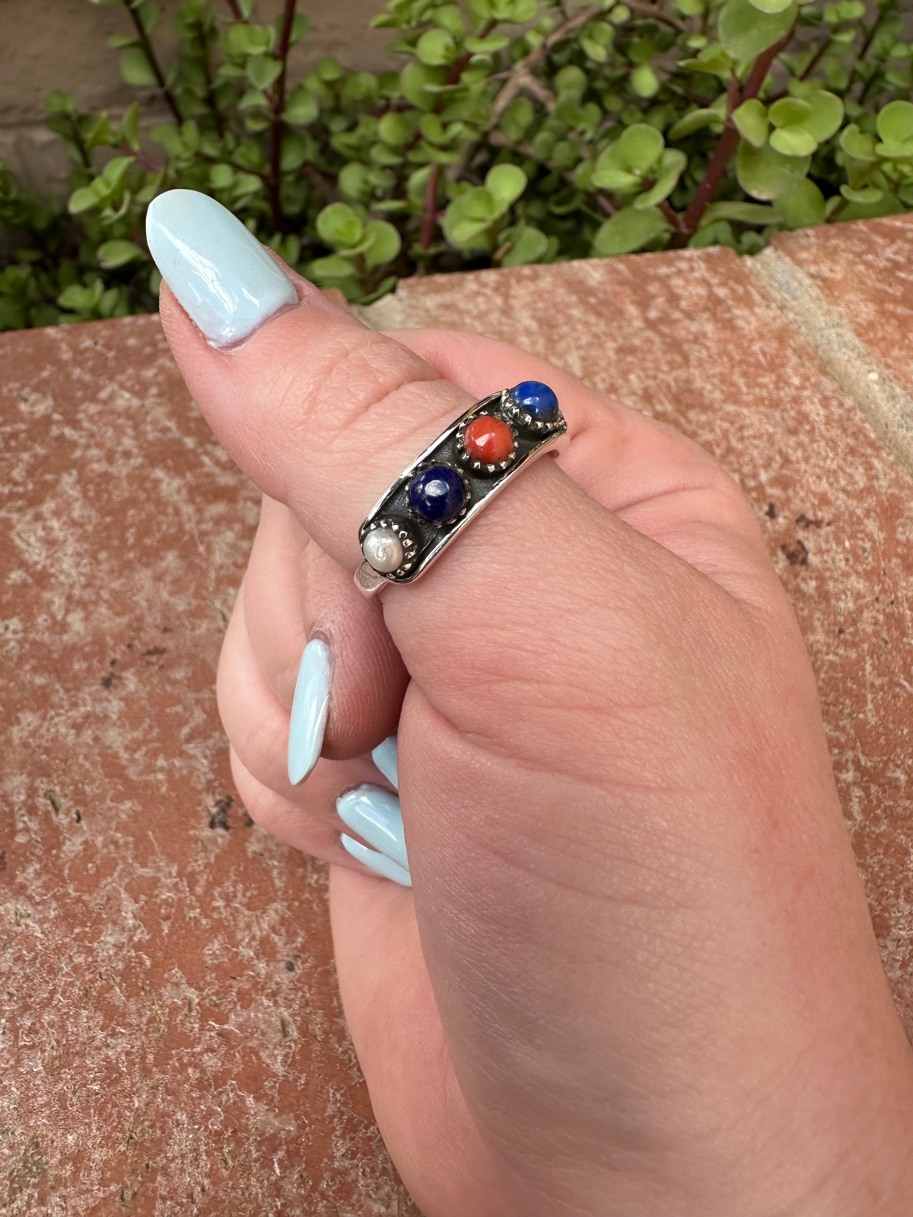 4TH OF JULY COLLECTION Handmade Coral, Lapis, Mother of Pearl Adjustable Band Ring