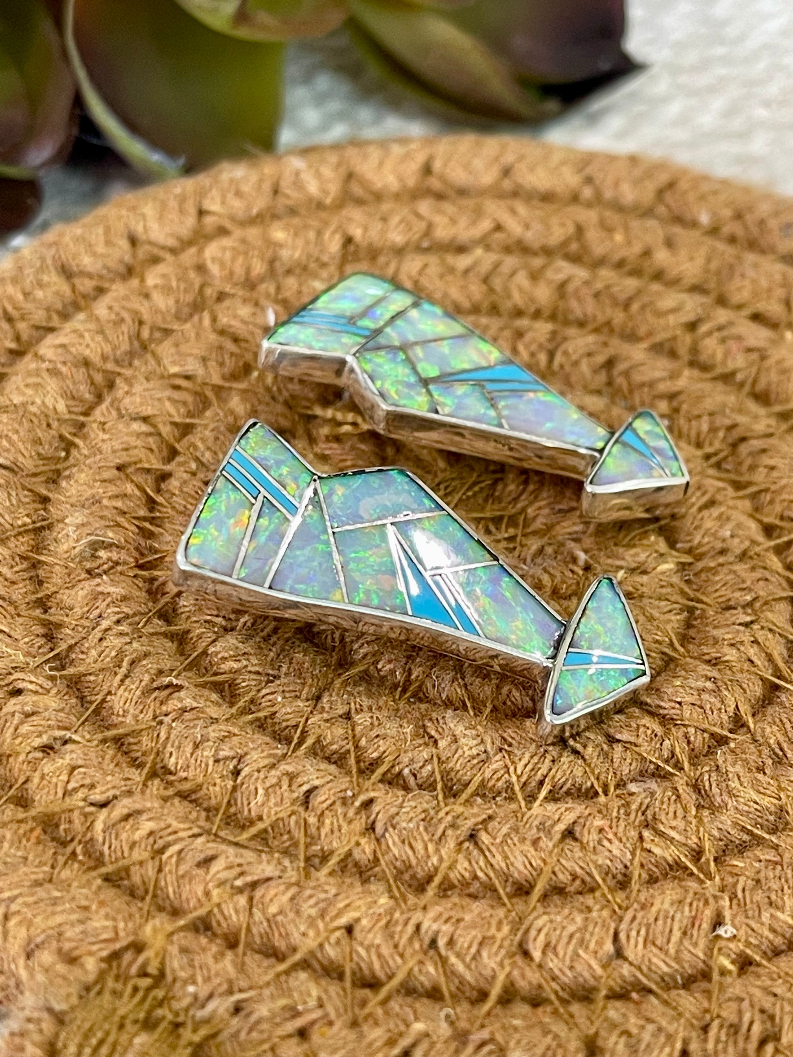 Beautiful Handmade Sterling Silver, Fire Opal & Turquoise Arrow Earrings