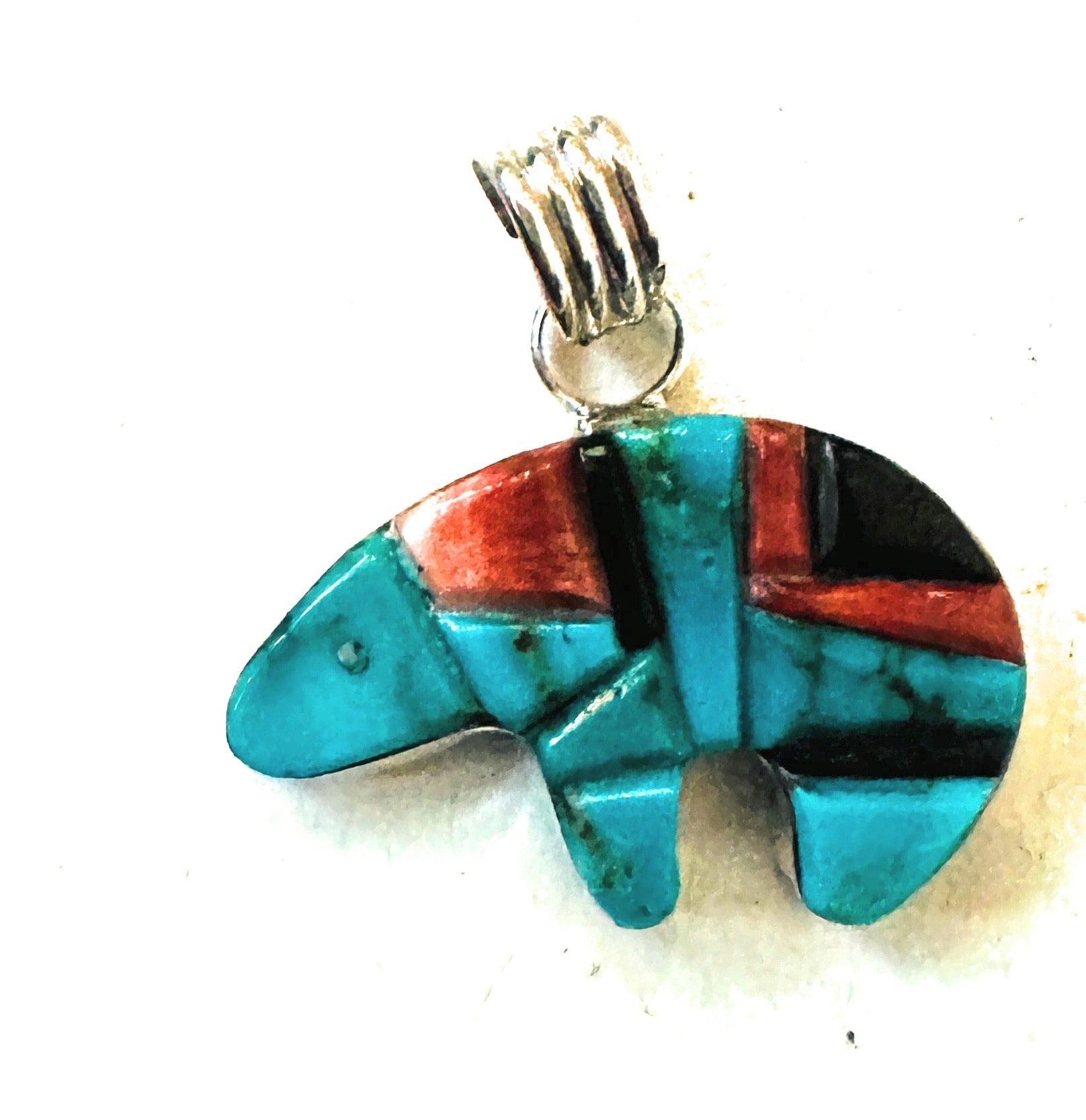 Navajo Turquoise, Spiny, Onyx & Sterling Silver Inlay Fetish Bear Pendant