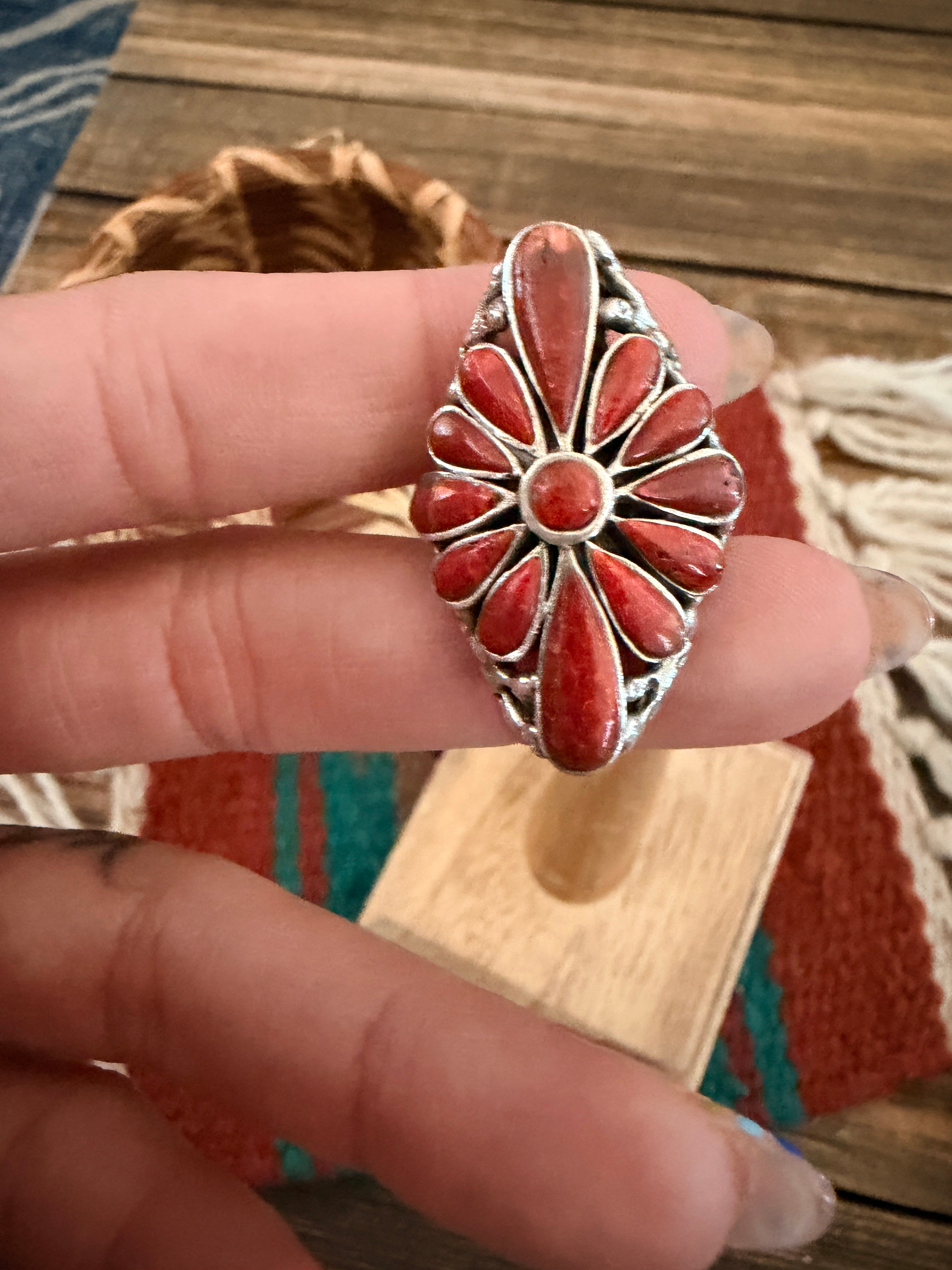 Handmade Sterling Silver and Coral Adjustable Ring