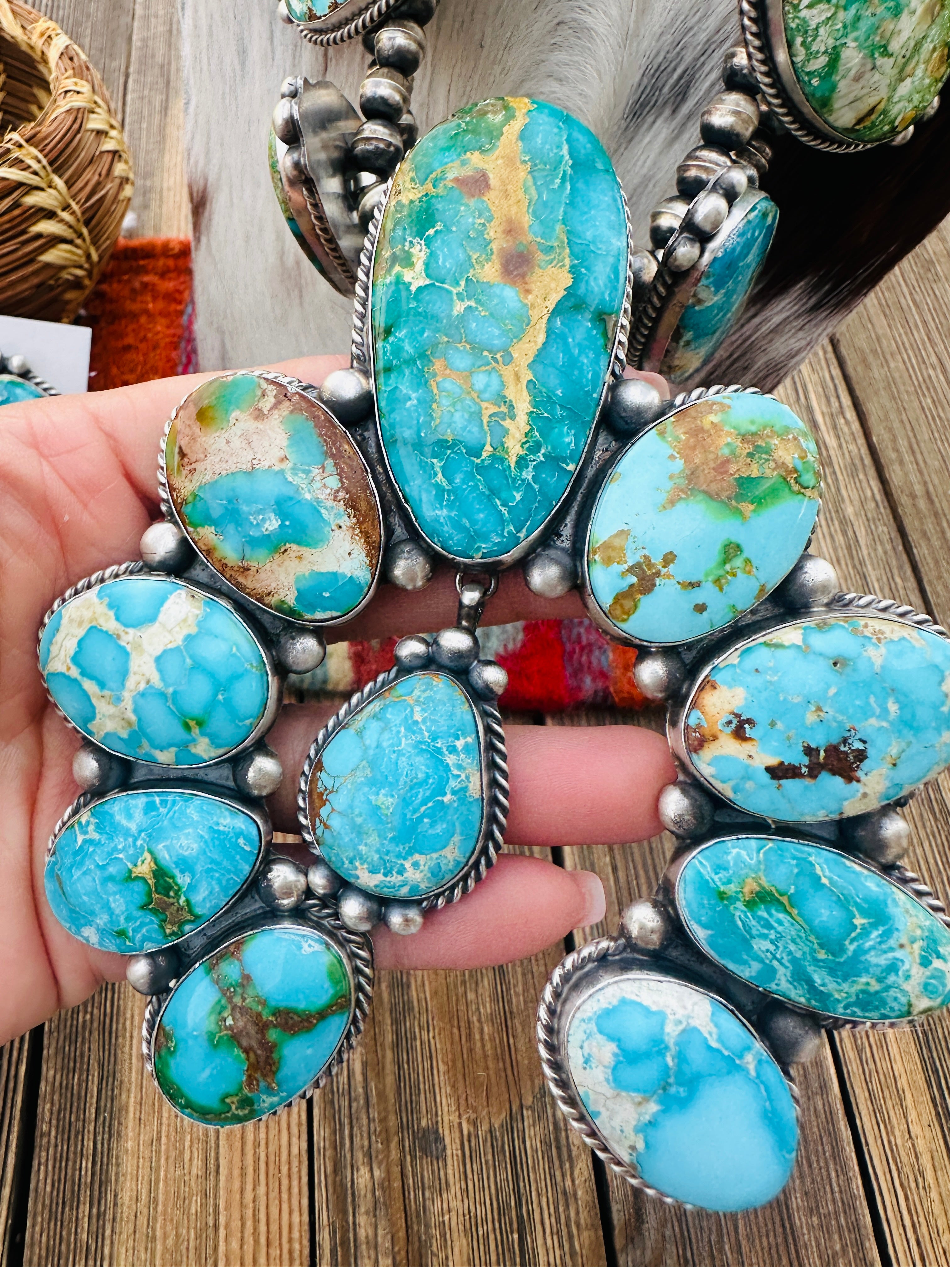 Handcrafted Sonoran Mountain Turquoise & Sterling Silver Squash Blosso