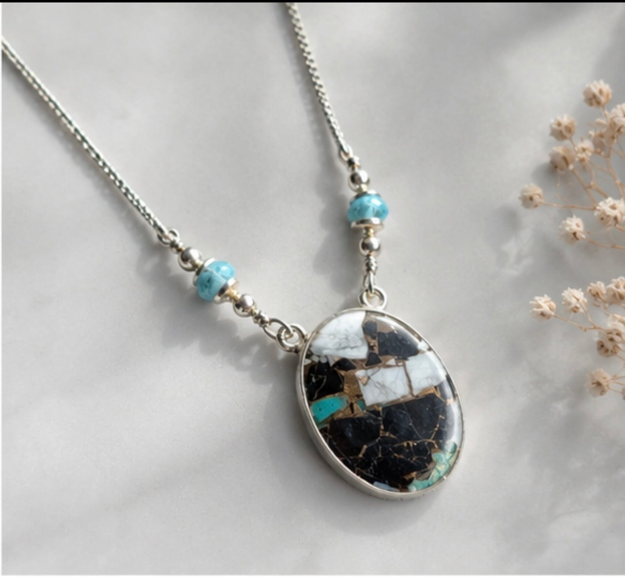 Mosaic Mojave Turquoise Gemstone With Aquamarine Beads Sterling Silver Necklace