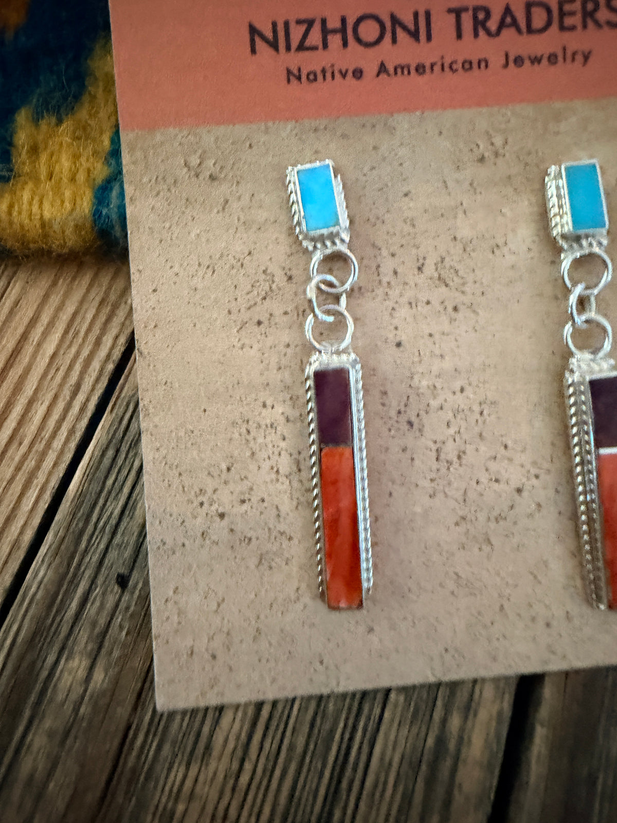 Handcrafted Spiny Oyster, Turquoise & Sterling Silver Inlay Dangle Earrings