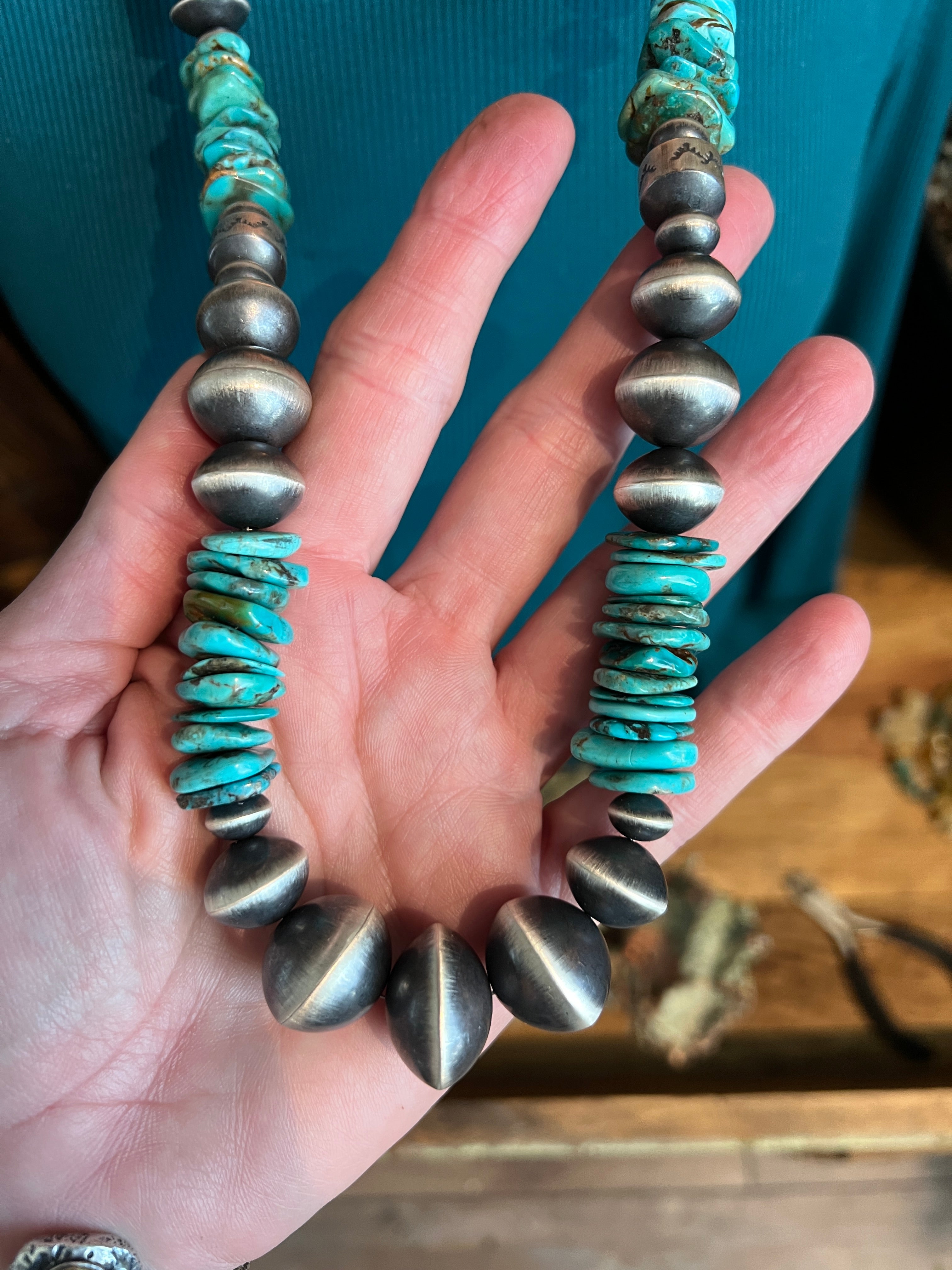 Handcrafted Sterling Silver and Kingman Turquoise Beaded Necklace by Rose Martin, 31 + 1-1/2 inches