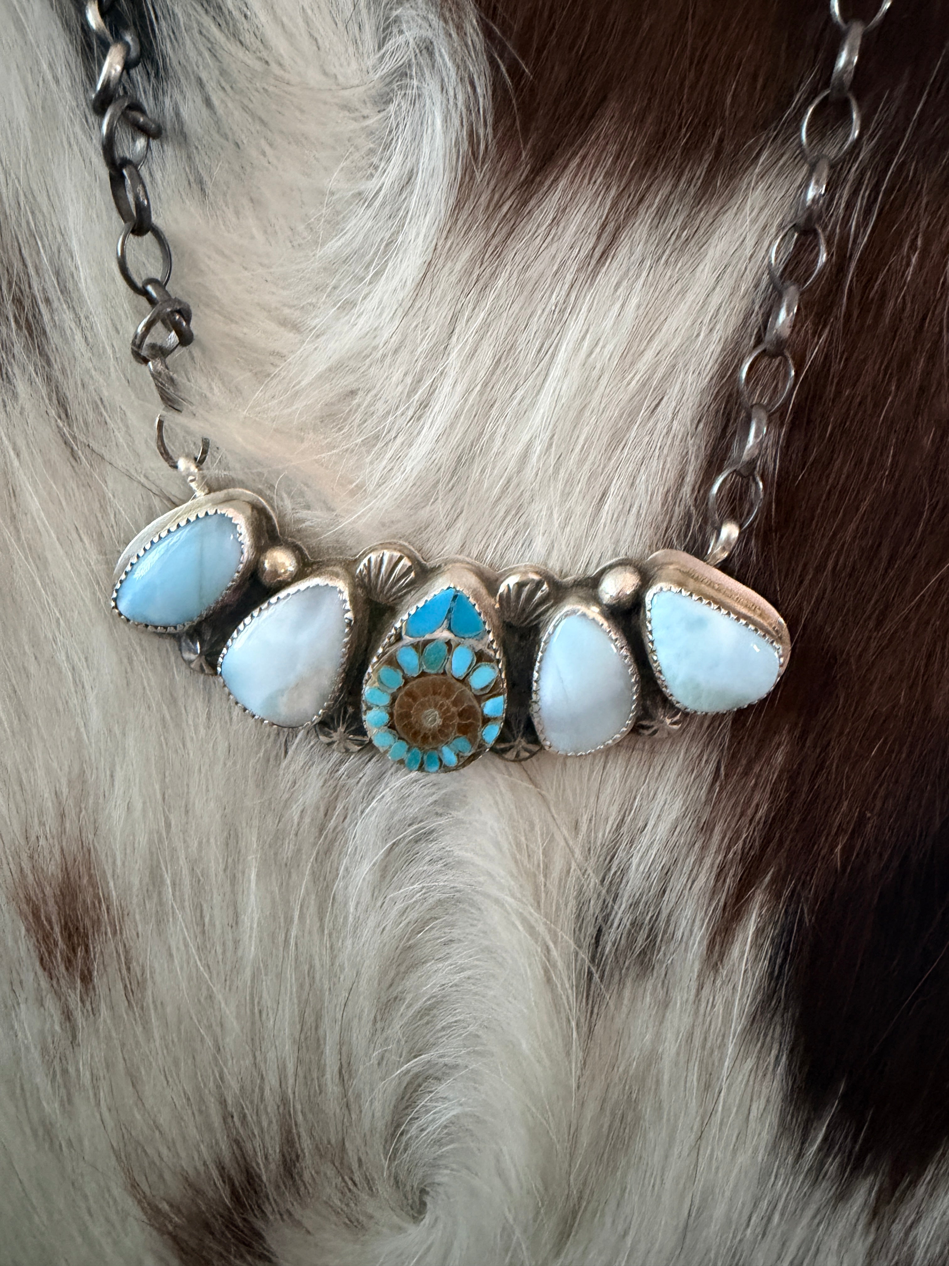 Handmade Sterling Silver, Larimar & Ammonite w/ Shattuckite Inlay Necklace Necklace