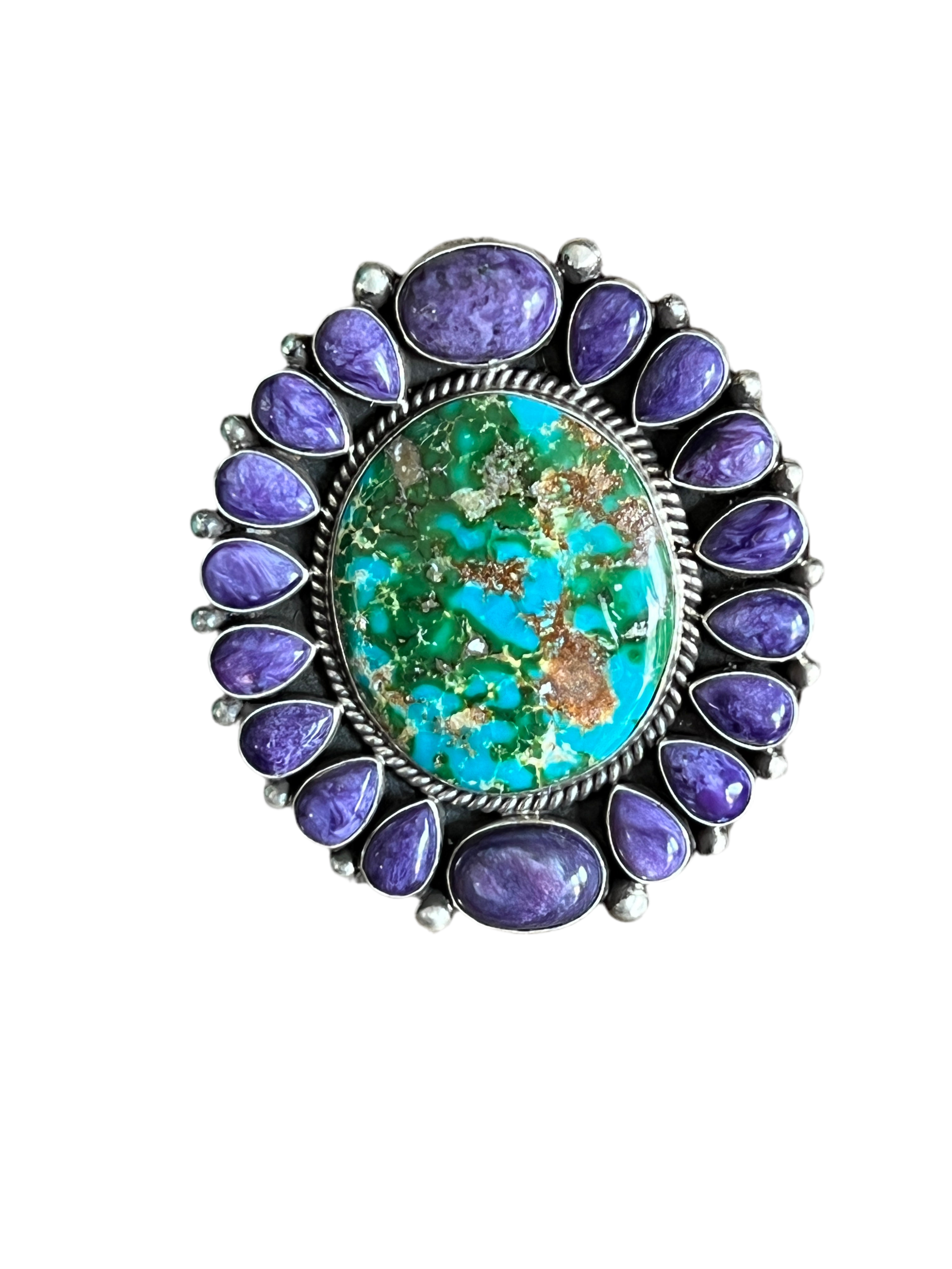 Handcrafted Sterling Silver, Sonoran Turquoise and Charoite Cluster Ring by Tyler Brown: Adjustable