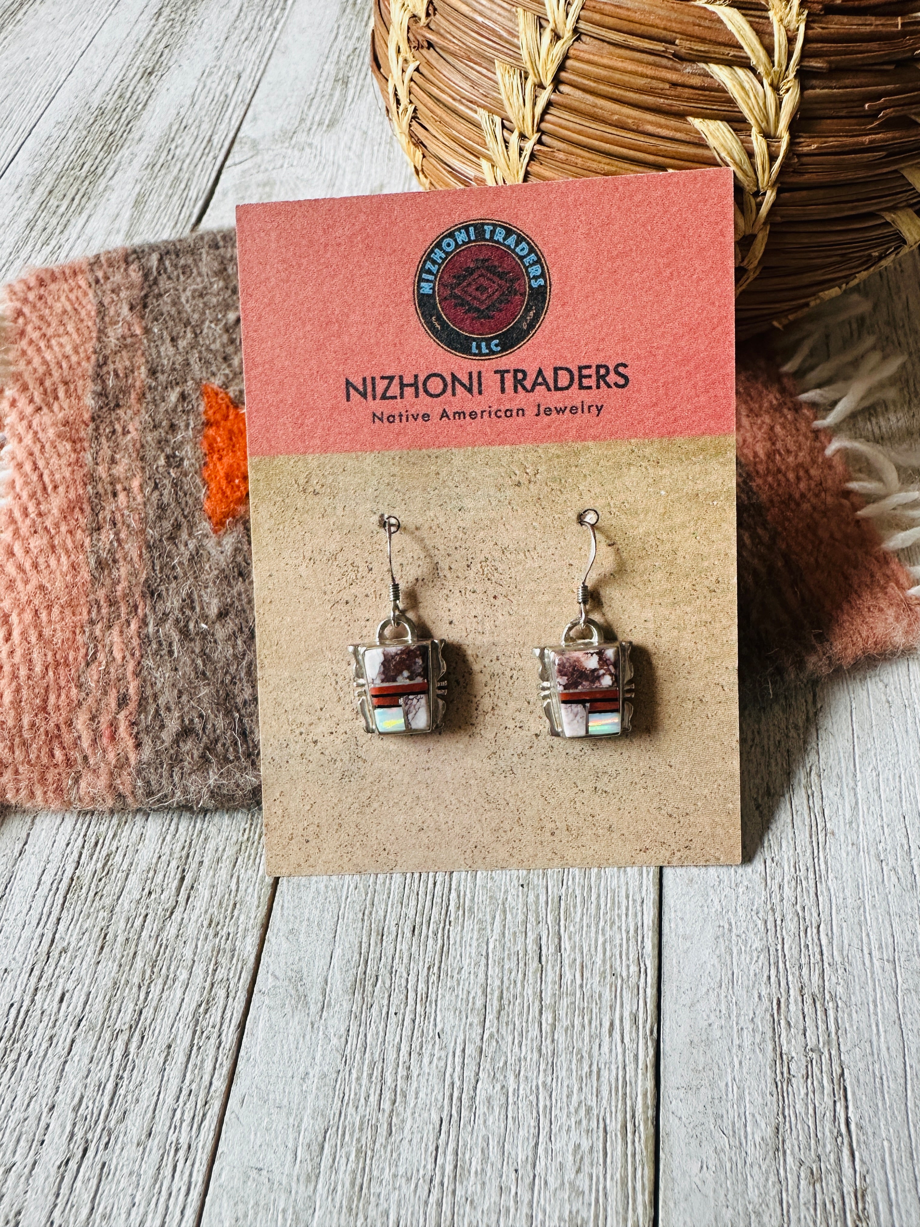 Navajo Sterling Silver & Multi Stone Inlay Dangle Earrings