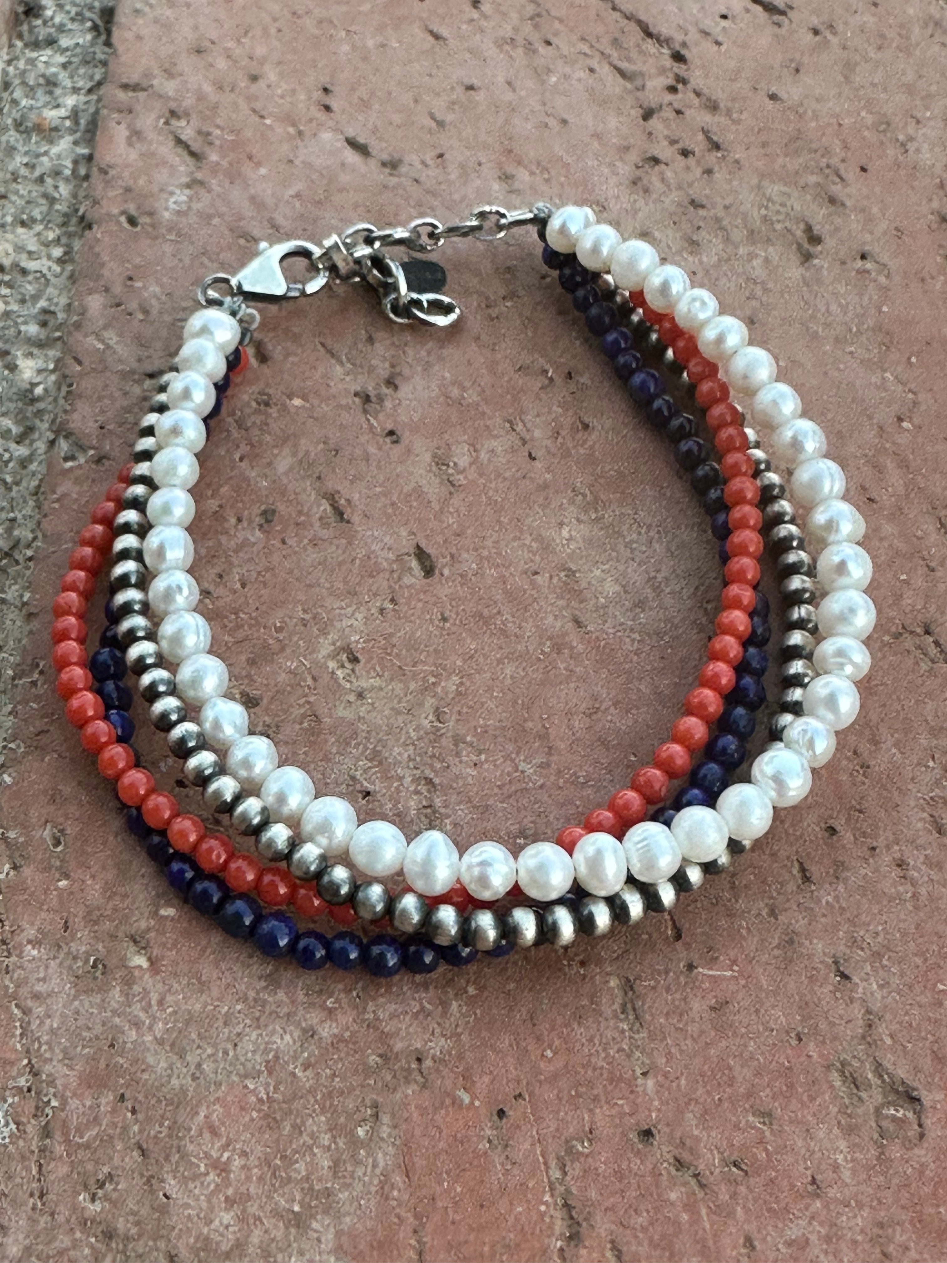 Handmade Sterling Silver, Pearl, Lapis and Coral Beaded Bracelet